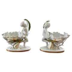 Neoclassical Porcelain Compotes With Putti & Gold Gilt Greek Key Border, Pair