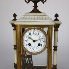 Neoclassical Portico Alabaster & Gilt Bronze Crystal Regulator Clock C1890