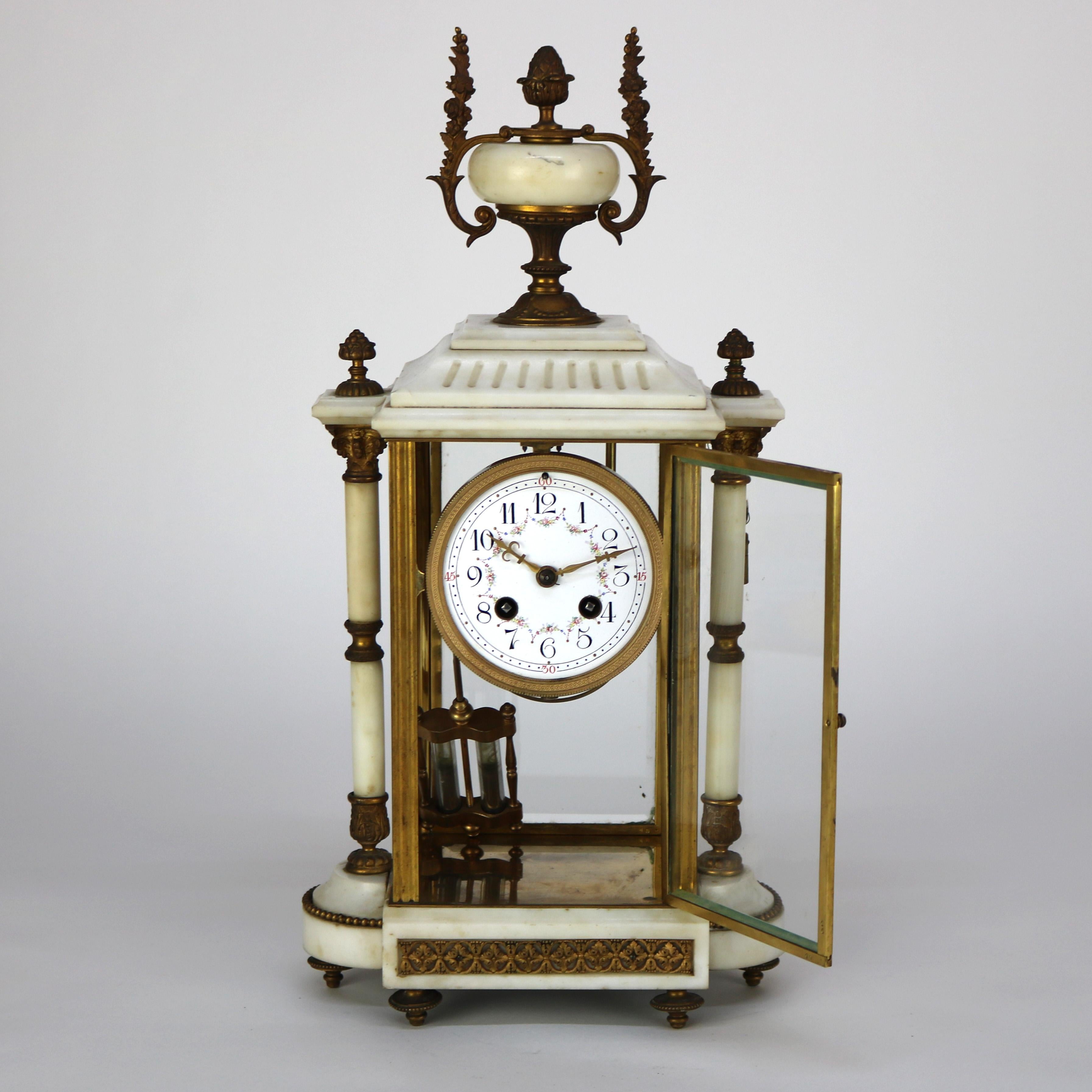 French Neoclassical Portico Alabaster & Gilt Bronze Crystal Regulator Clock C1890 For Sale