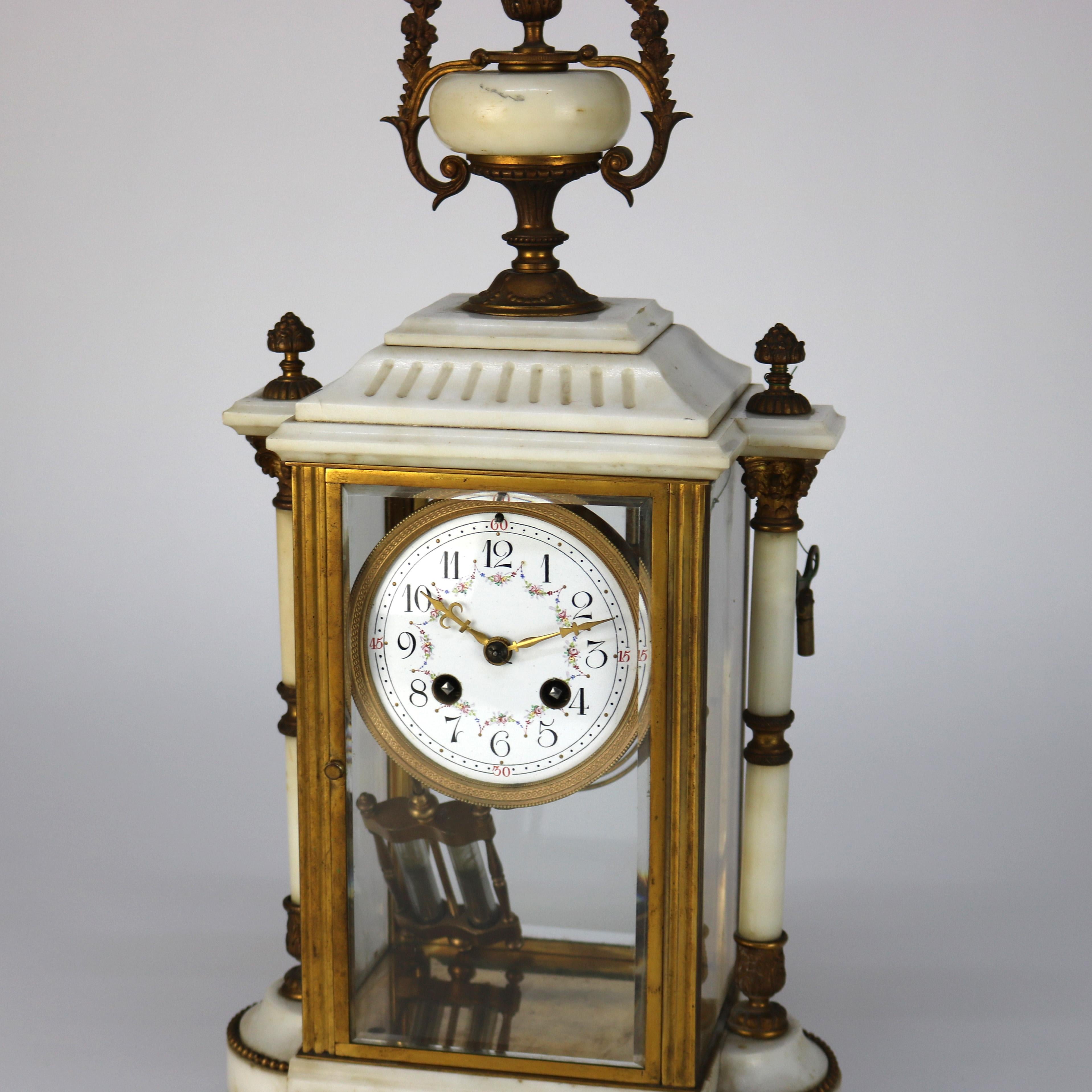 19th Century Neoclassical Portico Alabaster & Gilt Bronze Crystal Regulator Clock C1890 For Sale