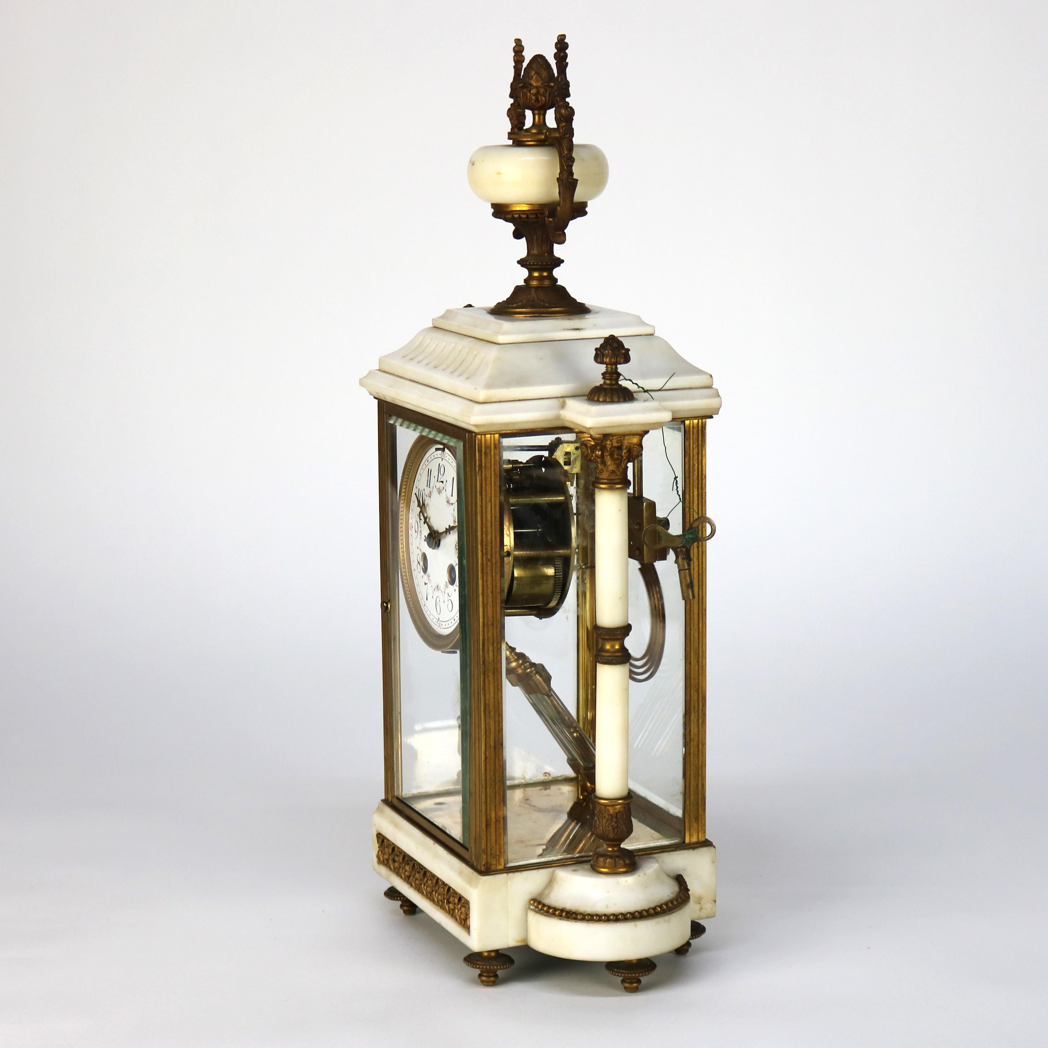 Neoclassical Portico Alabaster & Gilt Bronze Crystal Regulator Clock C1890 For Sale 3