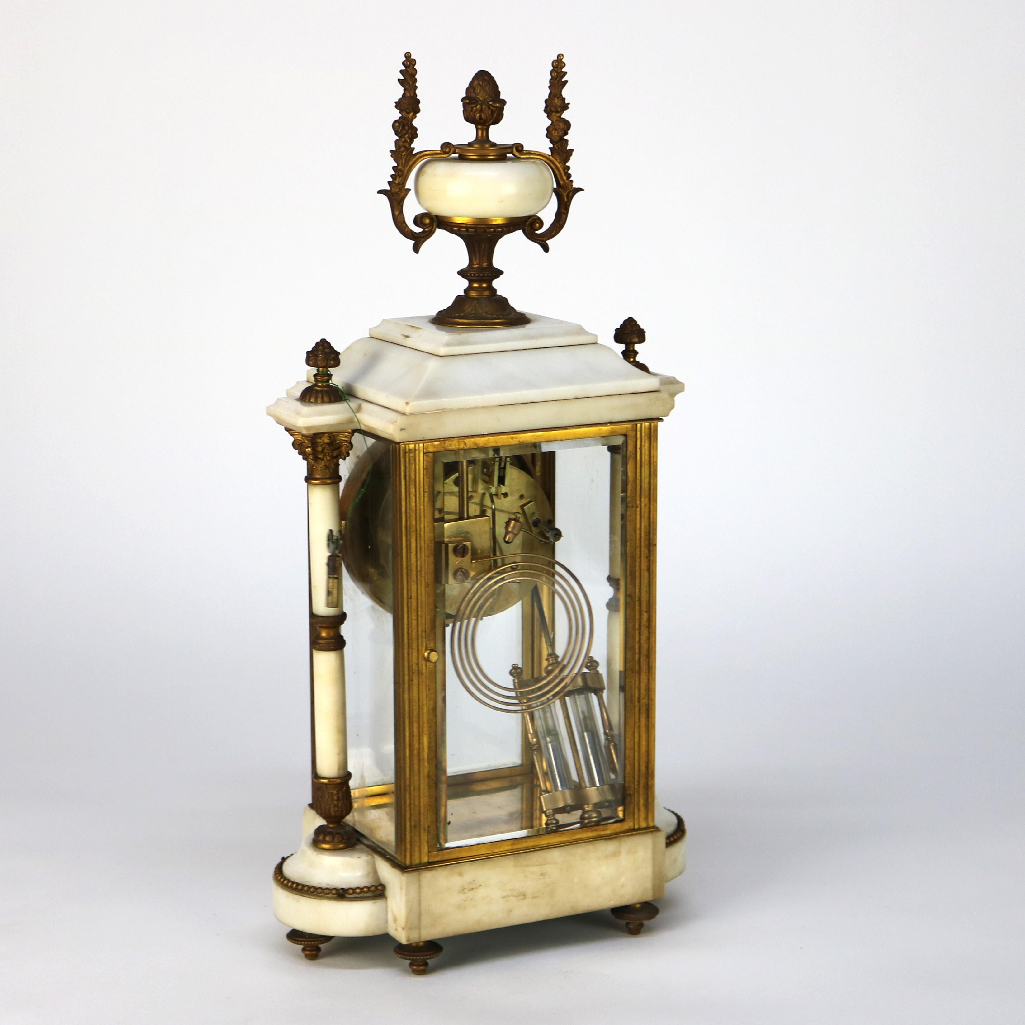 Neoclassical Portico Alabaster & Gilt Bronze Crystal Regulator Clock C1890 For Sale 4