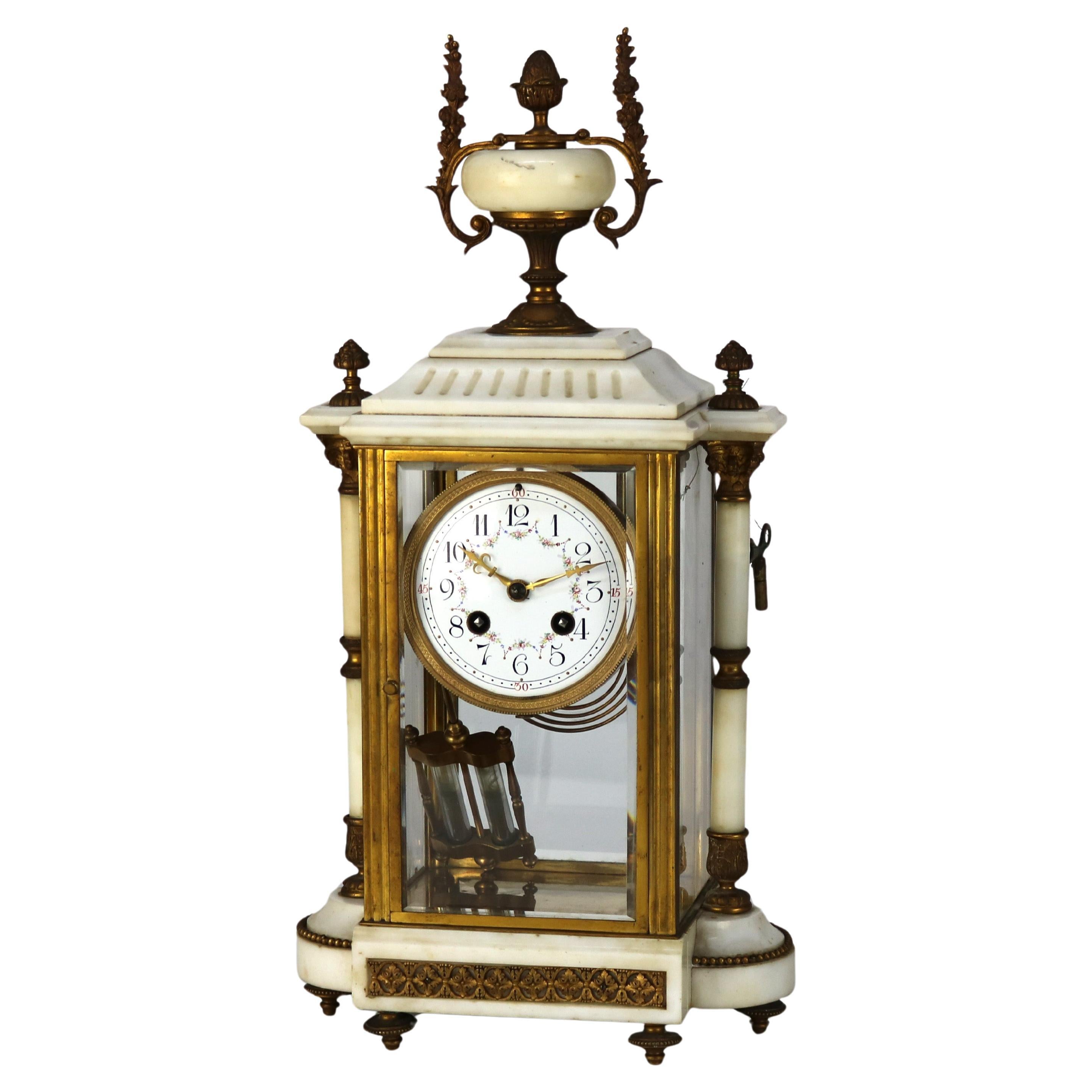 Neoclassical Portico Alabaster & Gilt Bronze Crystal Regulator Clock C1890