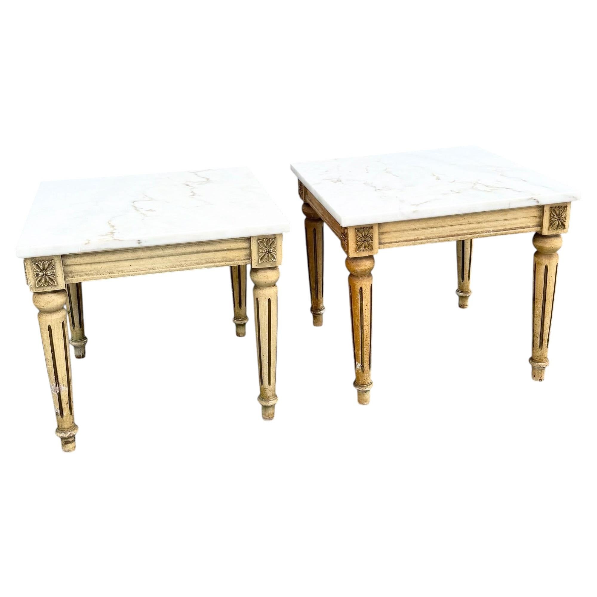 Neoclassical Portuguese Marble Top Wooden Side Tables - A Pair For Sale