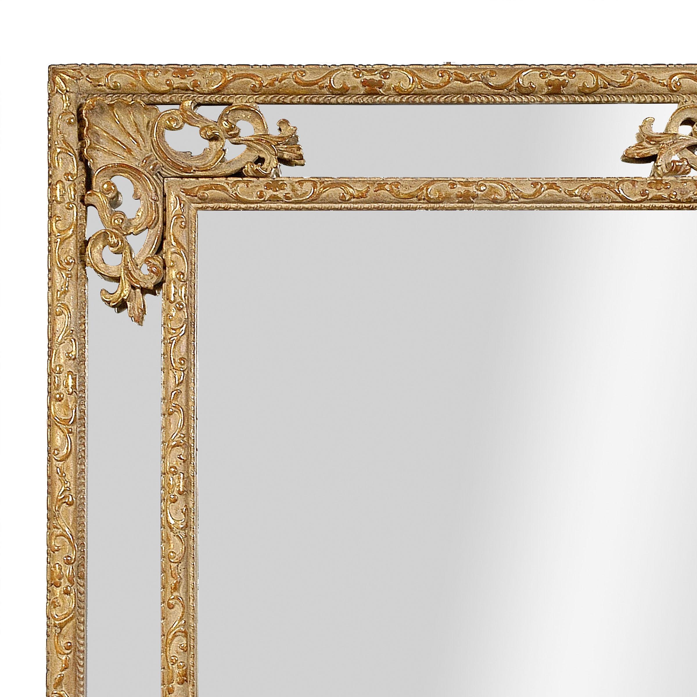 Spanish Neoclassical Rectangular Gold Hand Carved Wooden Mirror, Spain, 1970 For Sale