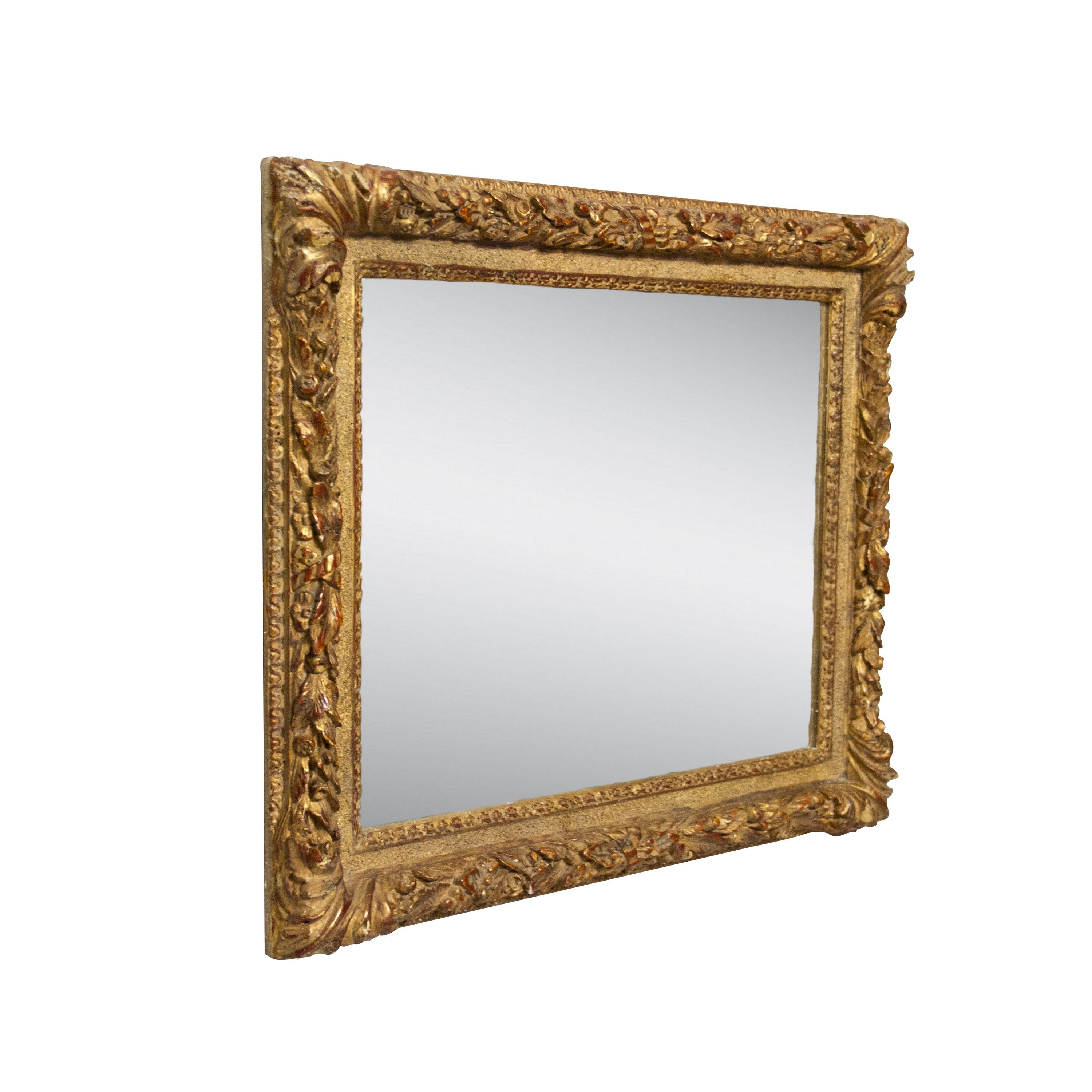 Spanish Neoclassical Rectangular Gold Hand Carved Wooden Mirror, Spain, 1970 For Sale