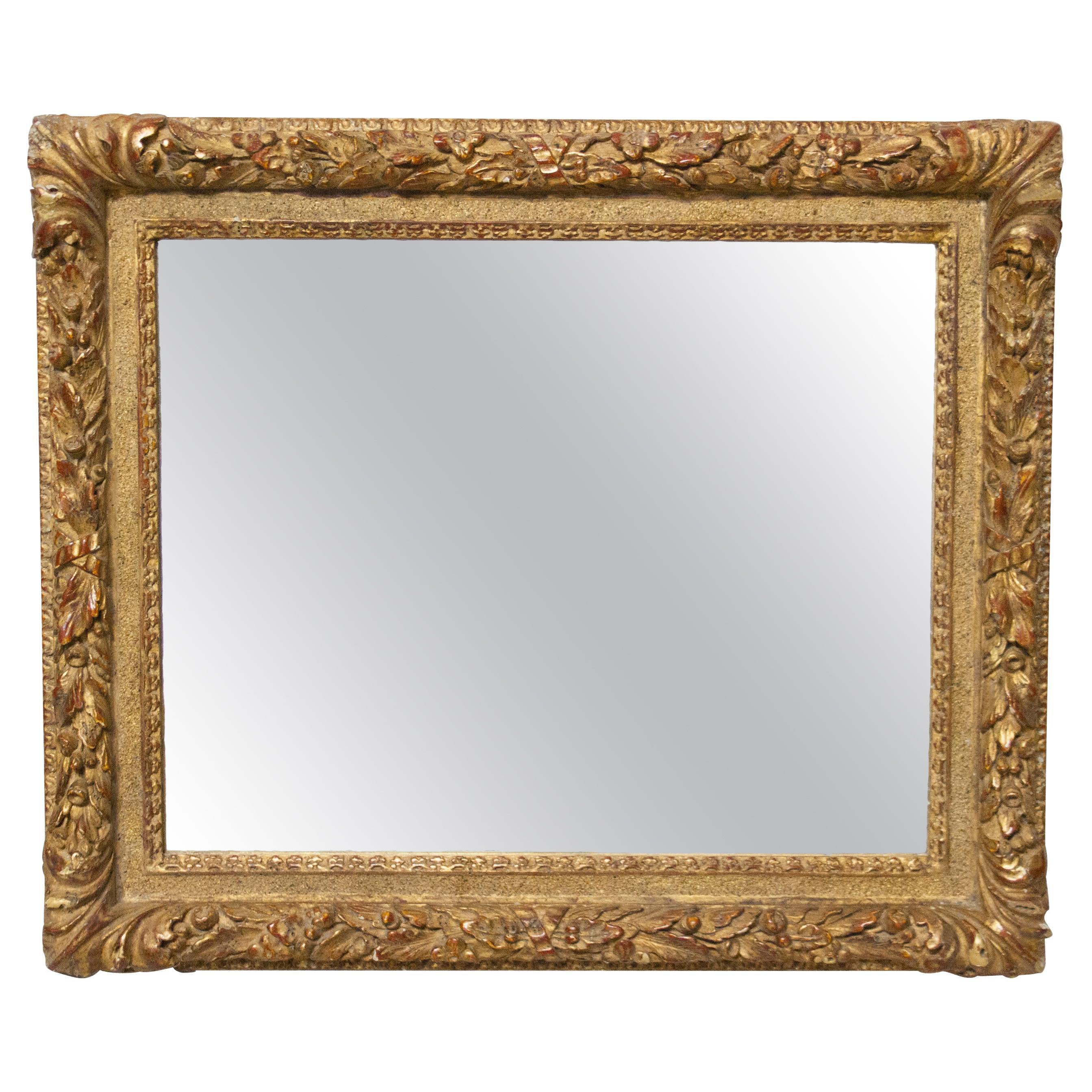 Neoclassical Rectangular Gold Hand Carved Wooden Mirror, Spain, 1970