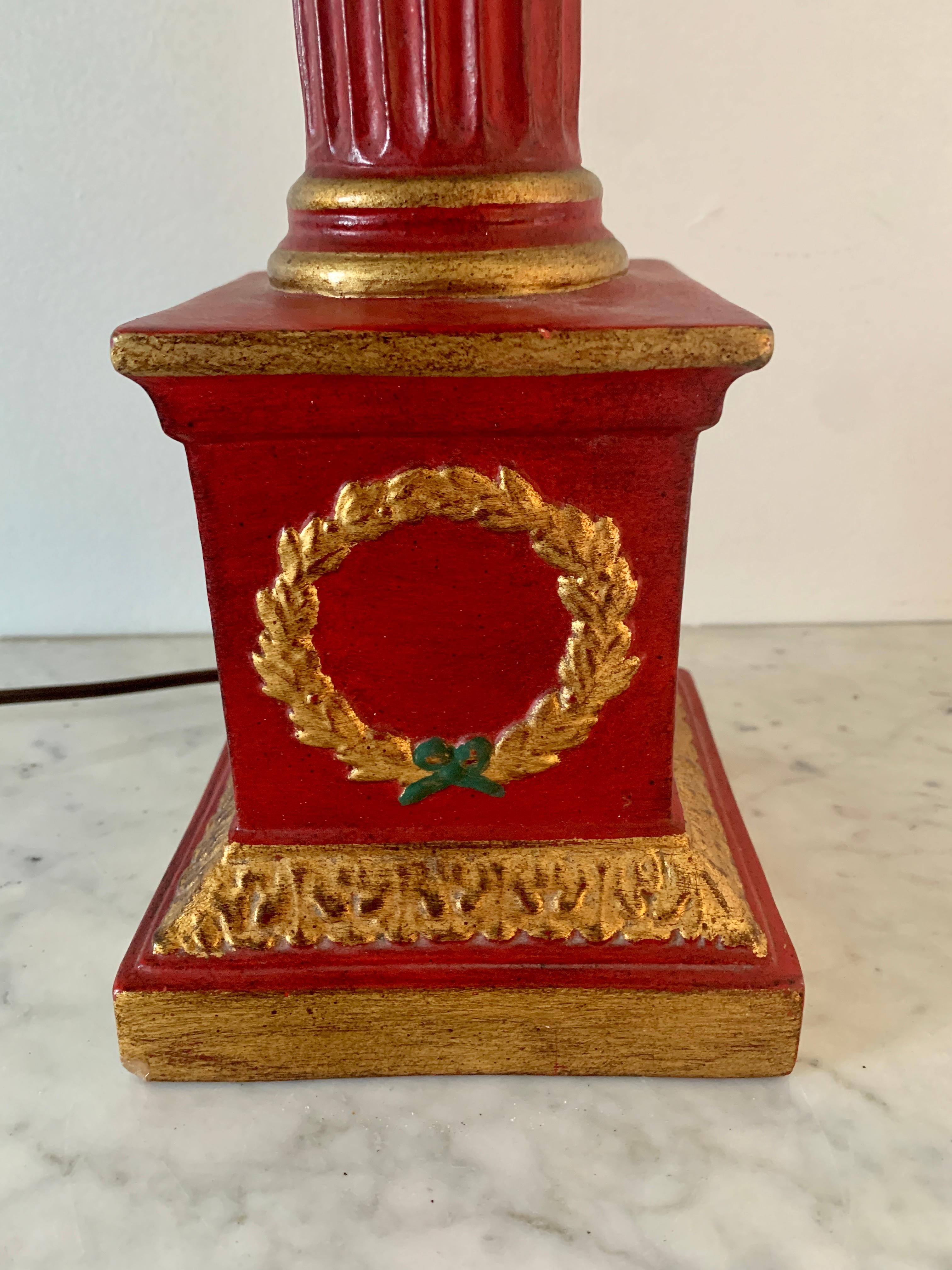 American Neoclassical Red and Gold Corinthian Column Table Lamp For Sale