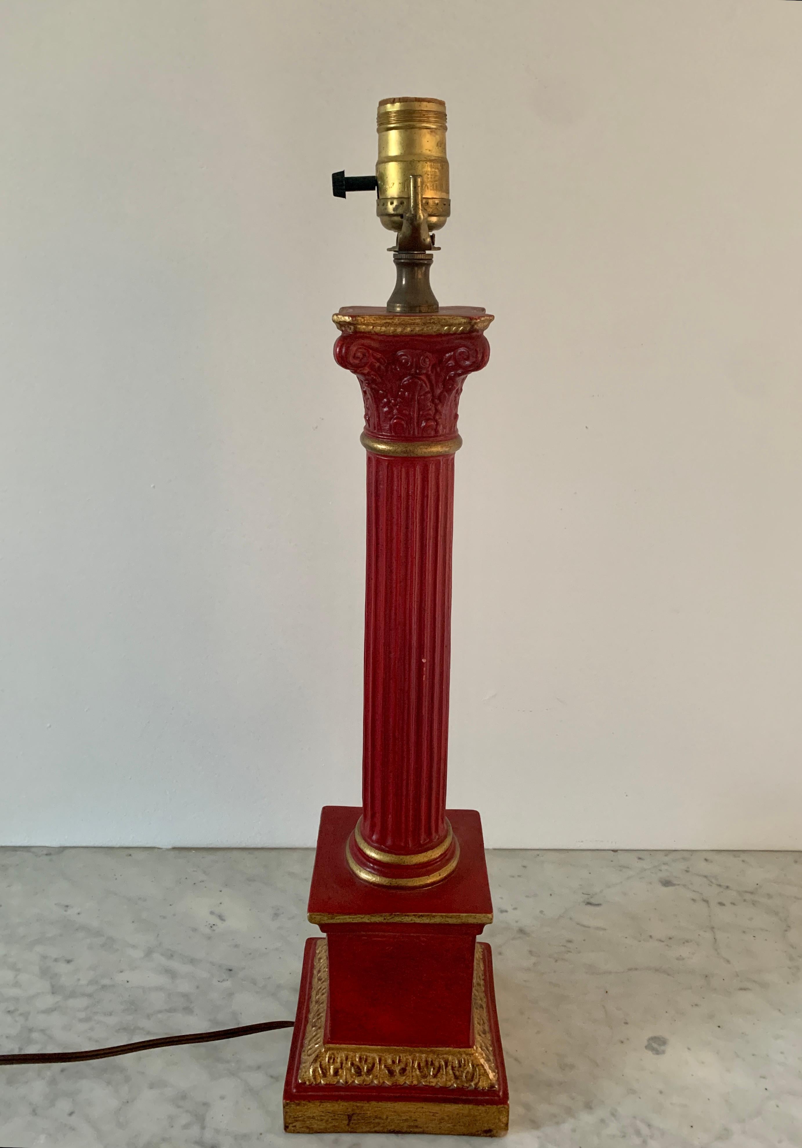 Metal Neoclassical Red and Gold Corinthian Column Table Lamp For Sale