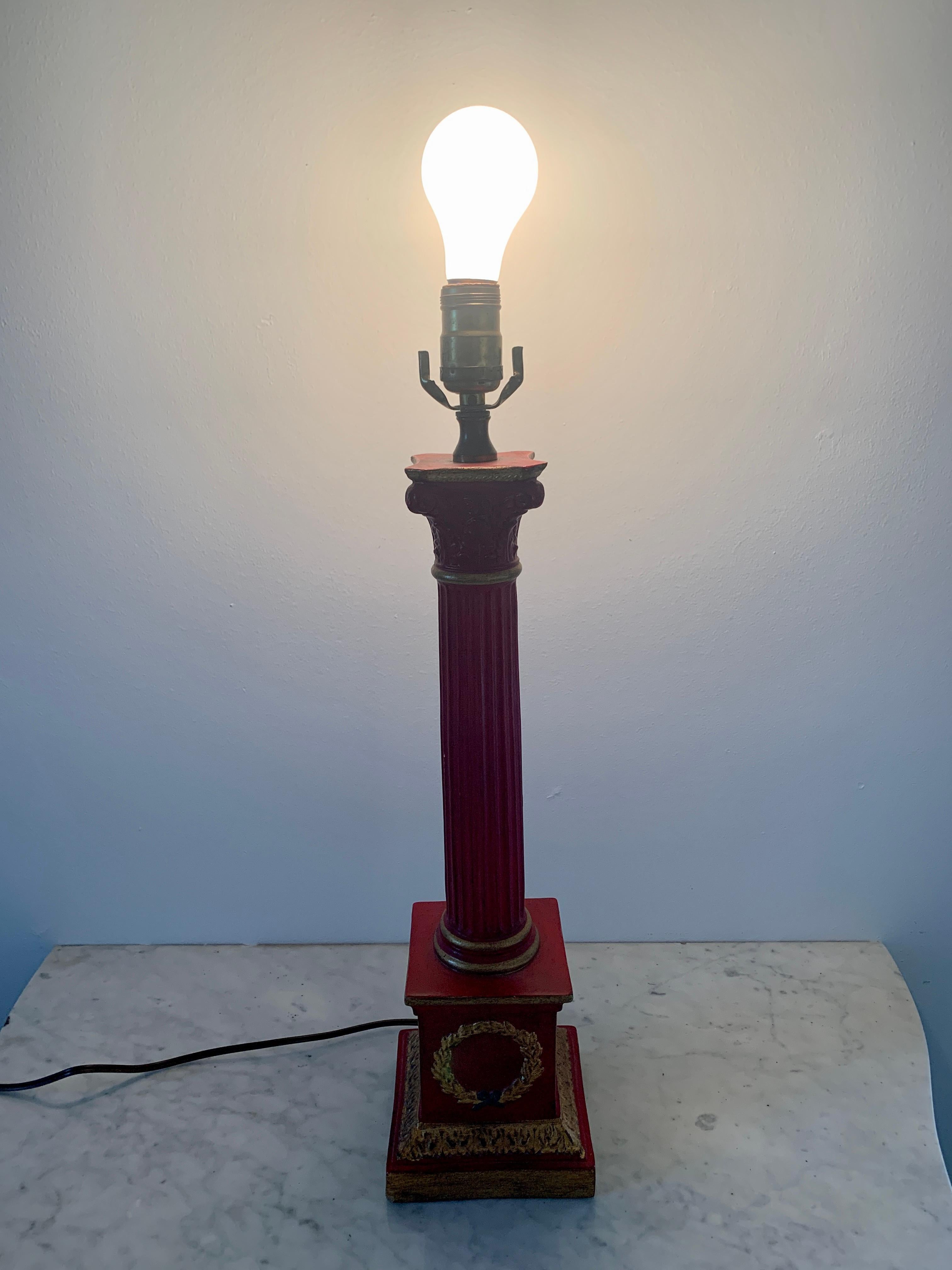 Neoclassical Red and Gold Corinthian Column Table Lamp For Sale 1