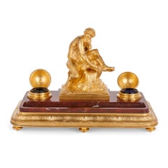 Neoclassical Red Marble and Gilt Bronze Ink Stand by Barbedienne