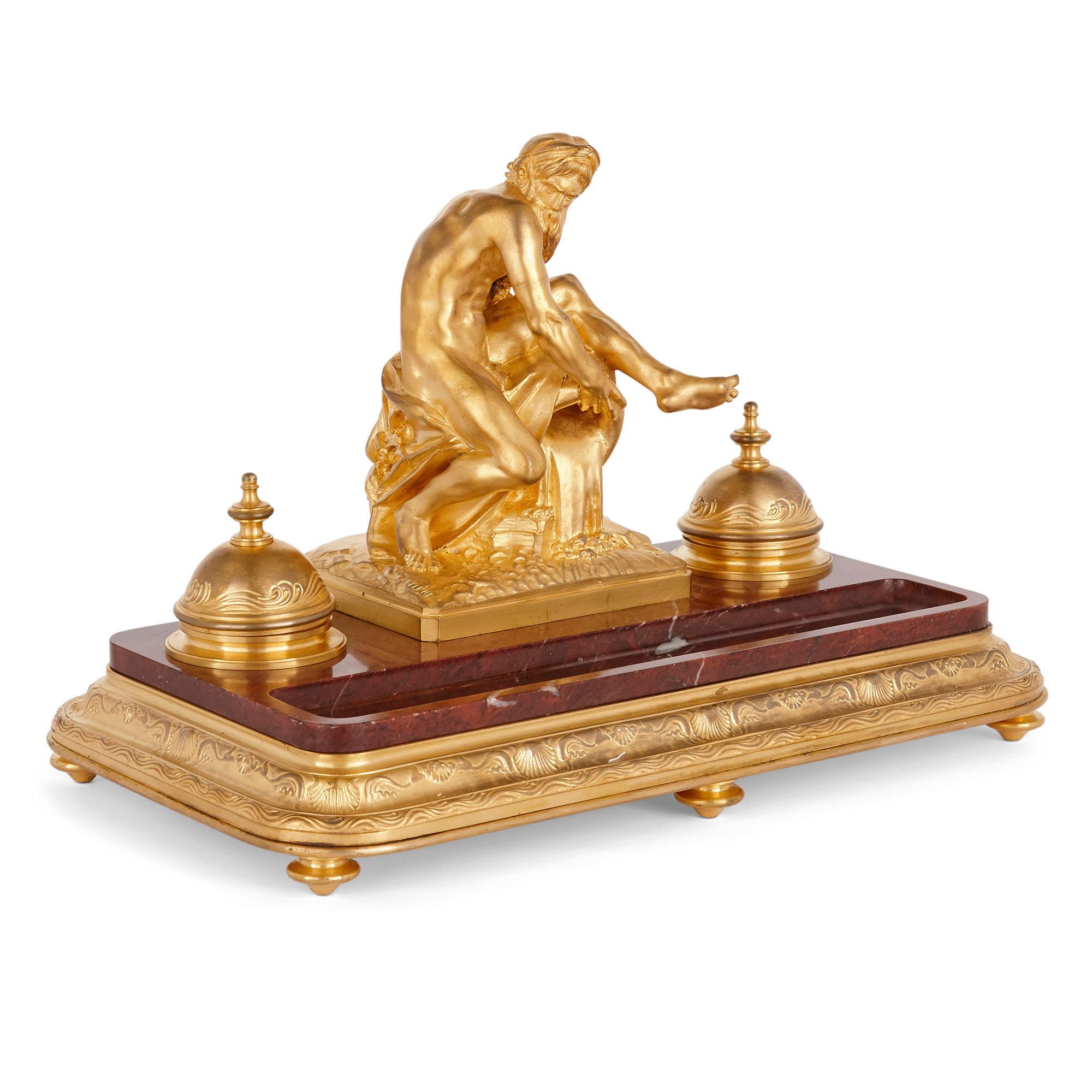 French Neoclassical Red Marble and Gilt Bronze Ink Stand by Barbedienne