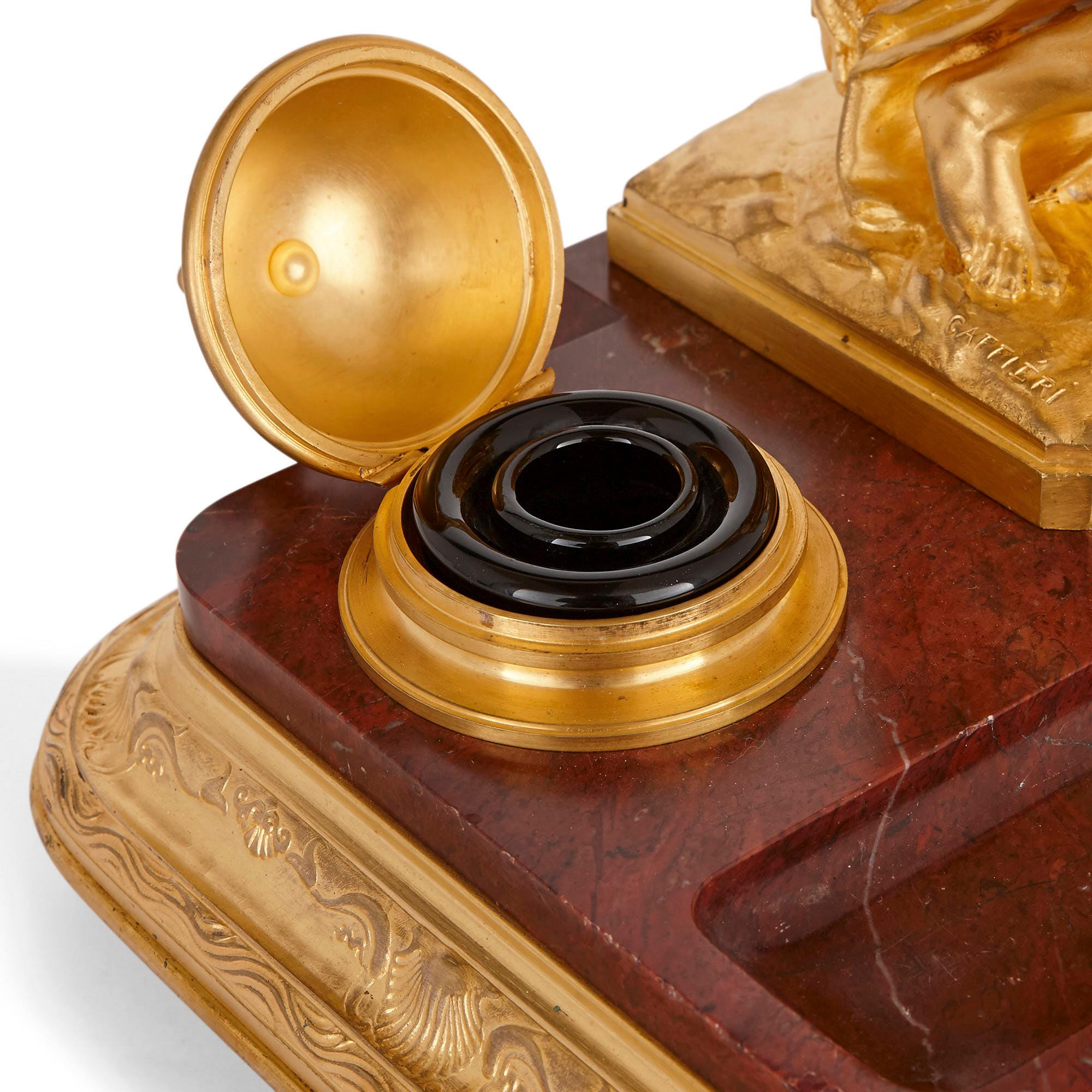 Neoclassical Red Marble and Gilt Bronze Ink Stand by Barbedienne In Good Condition In London, GB