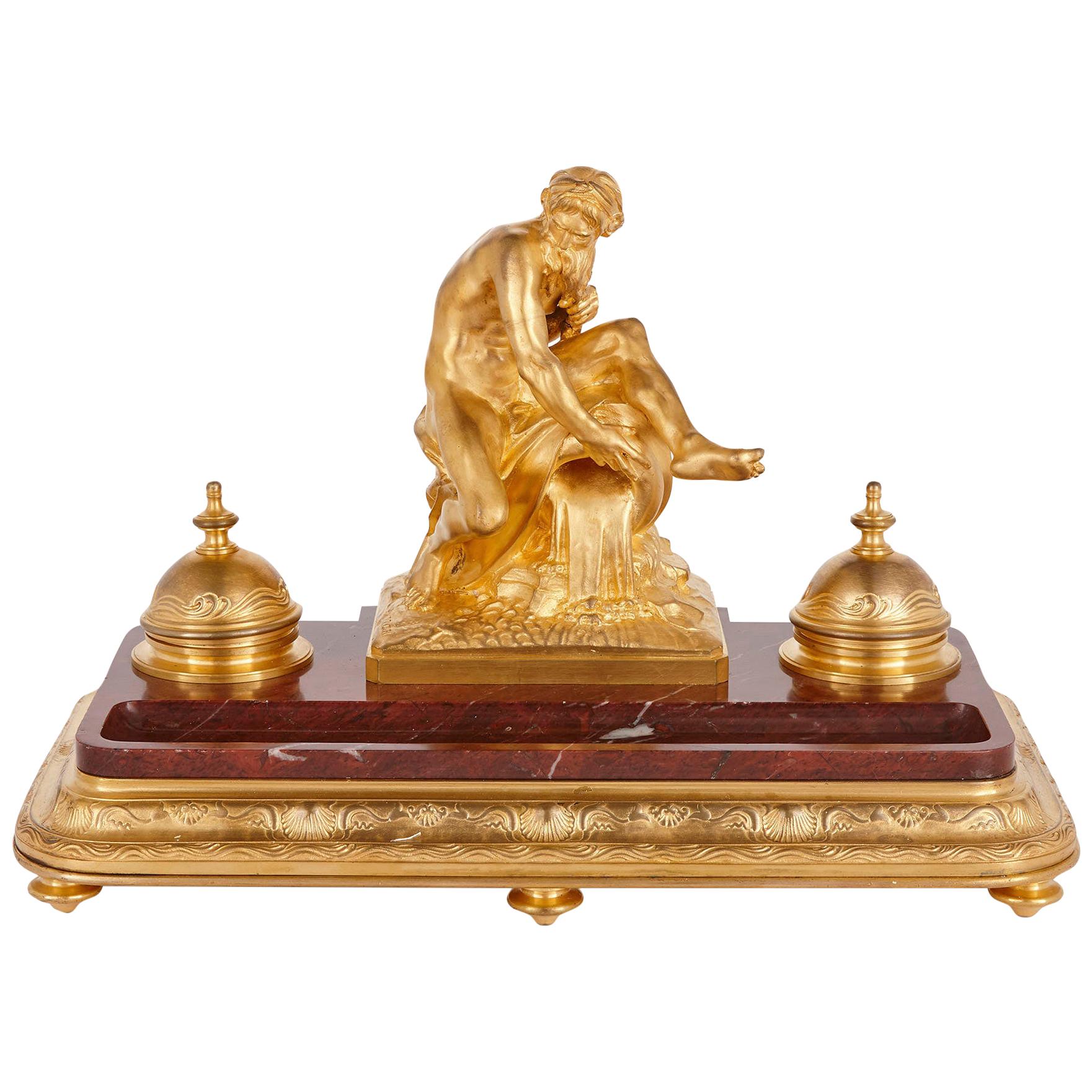 Neoclassical Red Marble and Gilt Bronze Ink Stand by Barbedienne