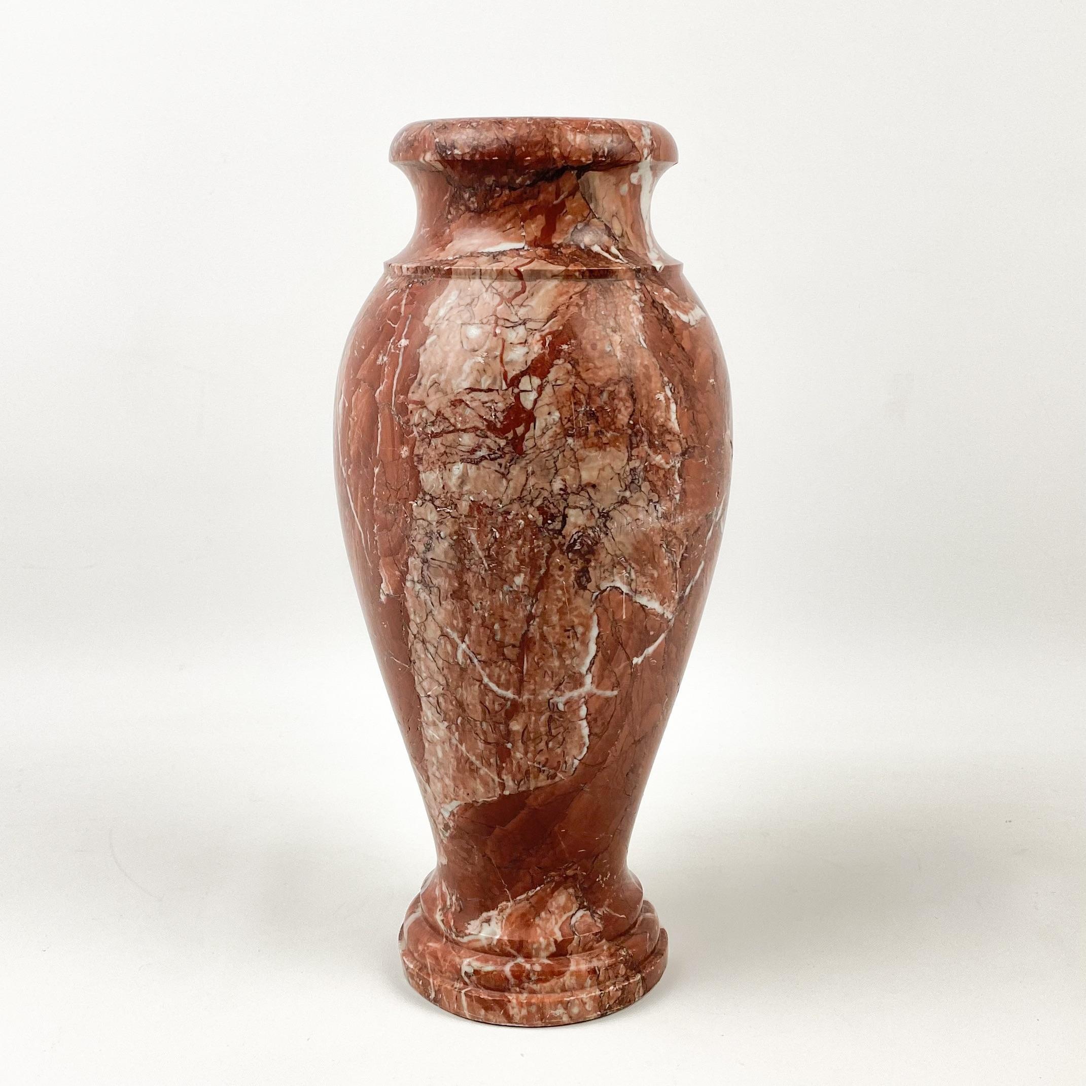 Vintage circa 1980s red/rouge zebra marble vase. Neoclassical design with great veining throughout marble. Heavy and carved out of one solid piece of marble. Excellent condition.