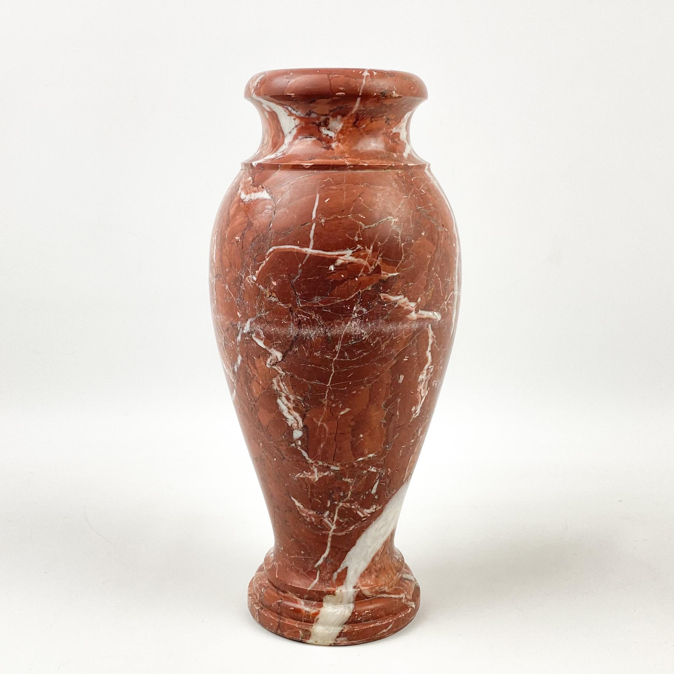 Carved Neoclassical Red/Rouge Zebra Marble Vase For Sale