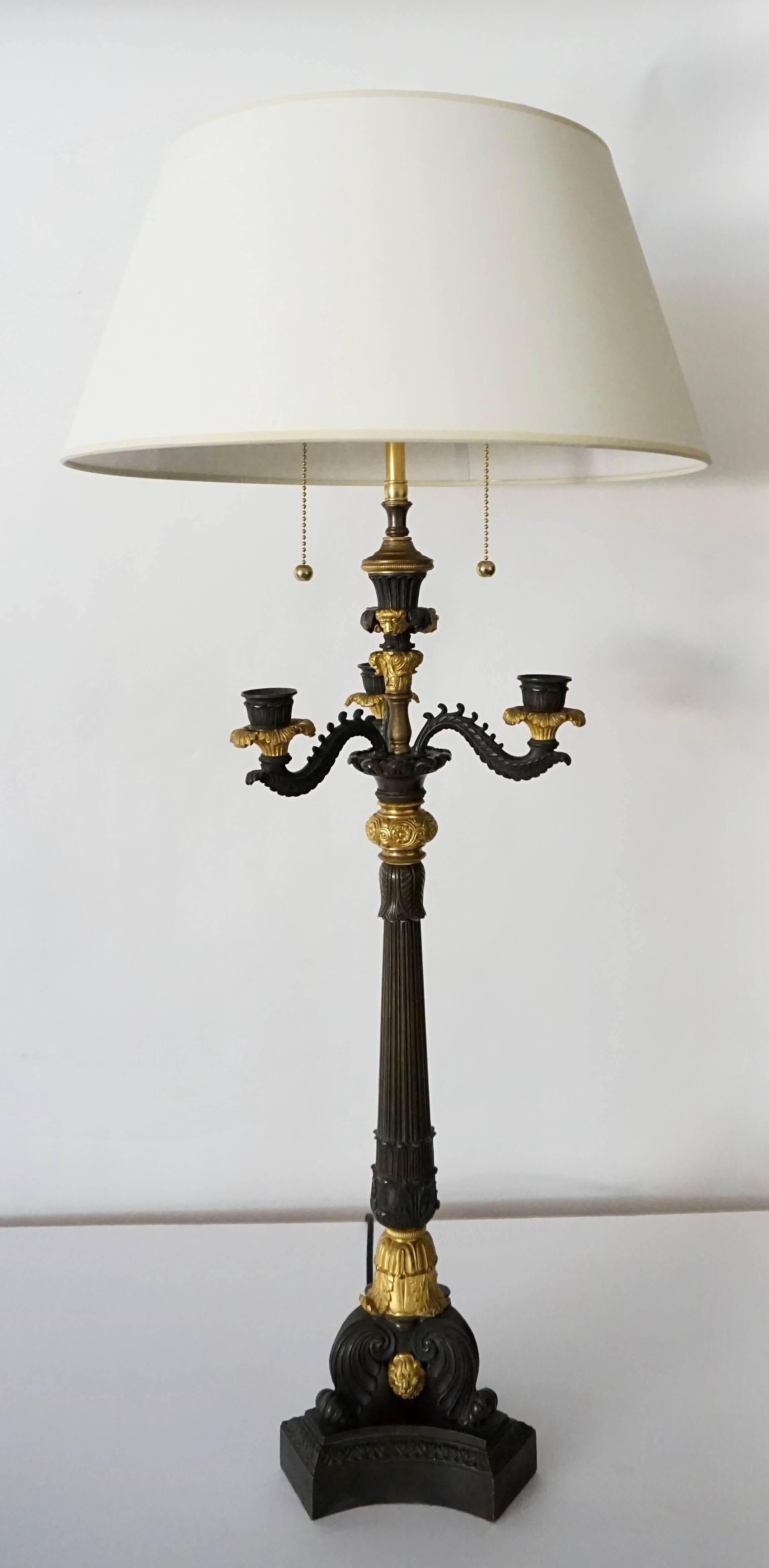 Neoclassical English Regency Parcel Ormolu Bronze Candelabra Lamp, circa 1825 6