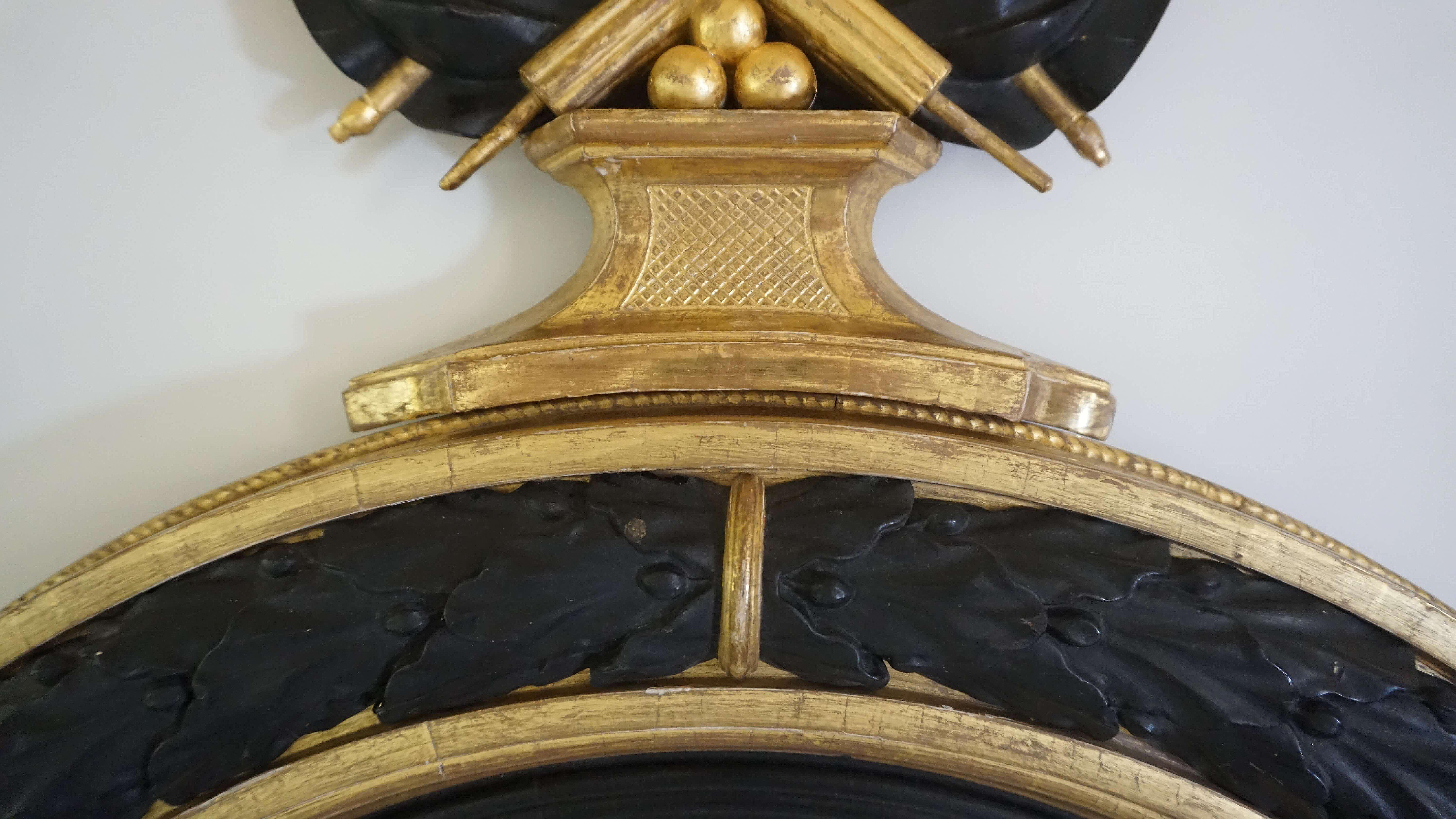 Neoklassizistischer konvexer Regency-Spiegel aus vergoldetem Holz und ebonisiertem Holz, signiert und datiert 1813 im Angebot 4