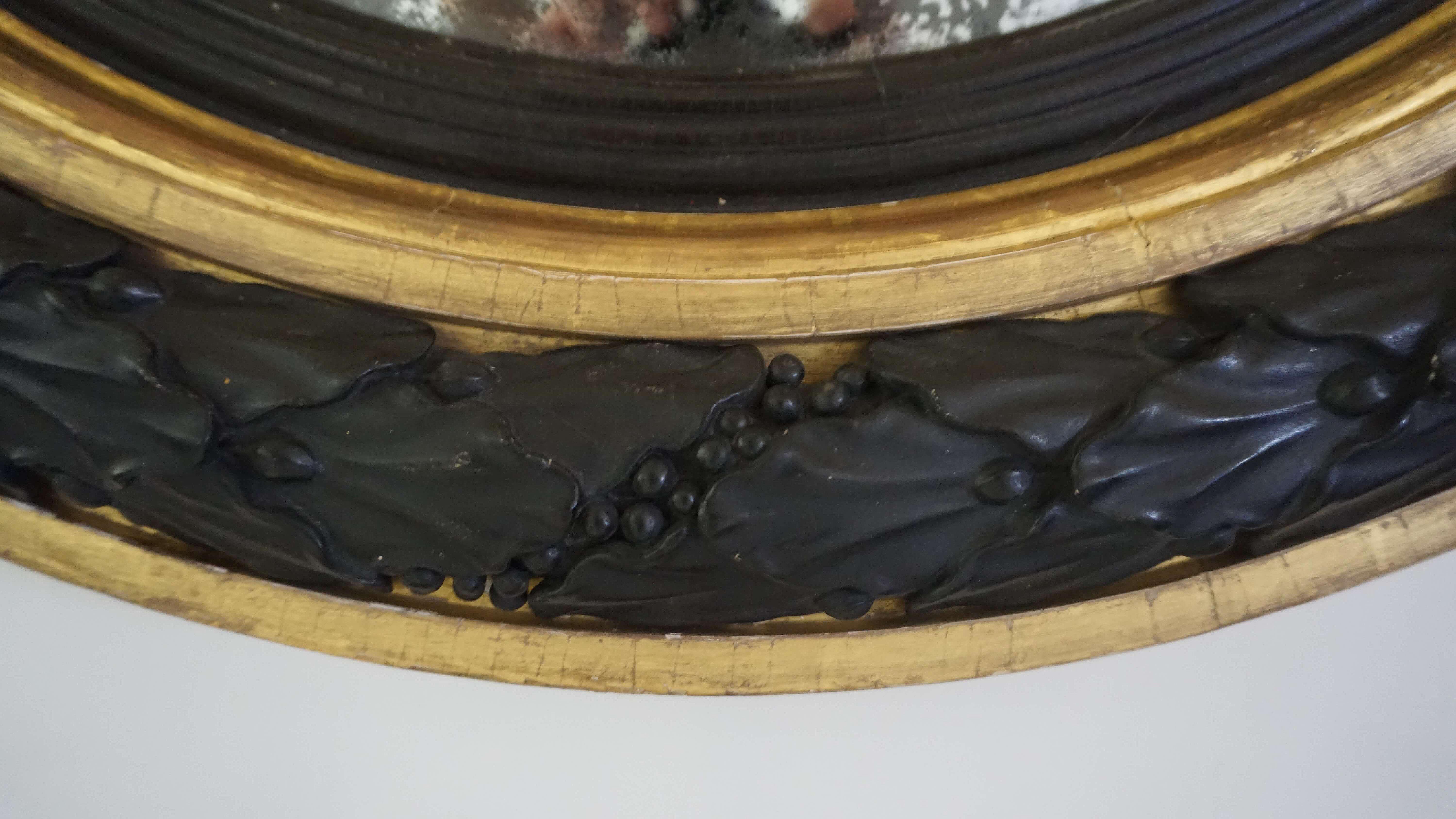 Neoclassical Regency Giltwood and Ebonized Convex Mirror, Signed and Dated 1813 For Sale 8