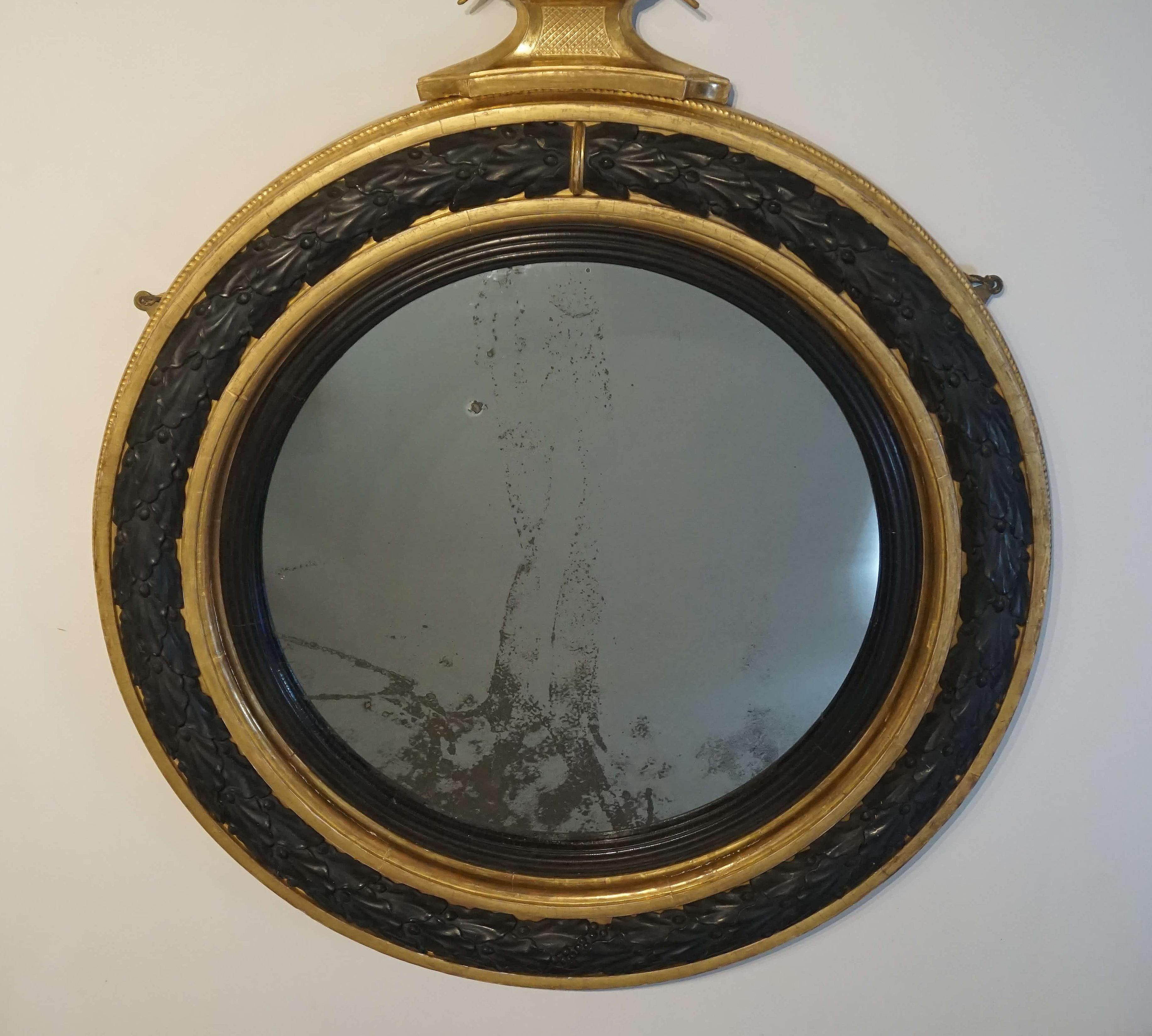 Neoclassical Regency Giltwood and Ebonized Convex Mirror, Signed and Dated 1813 For Sale 10