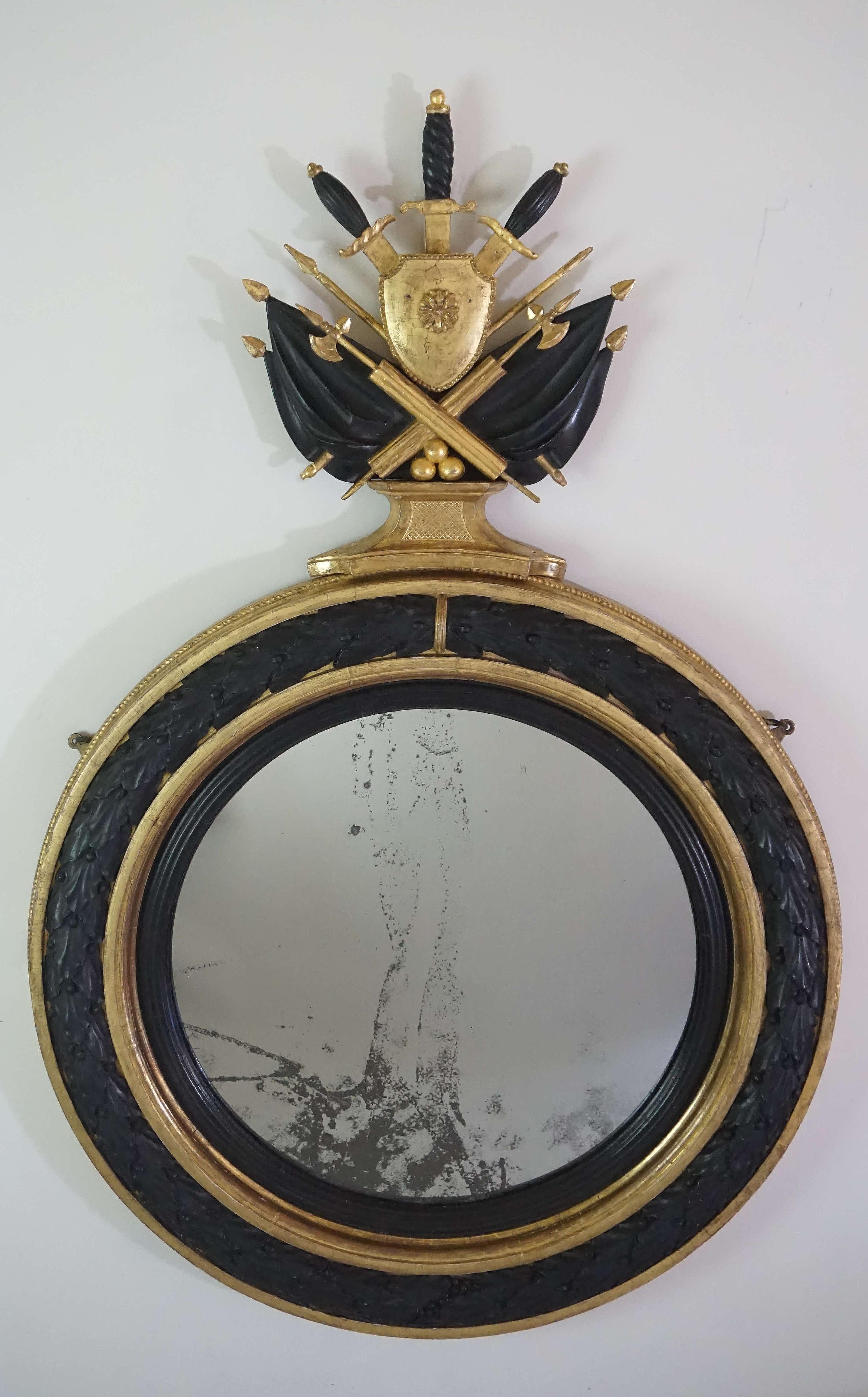 Neoclassical Regency Giltwood and Ebonized Convex Mirror, Signed and Dated 1813 For Sale 12