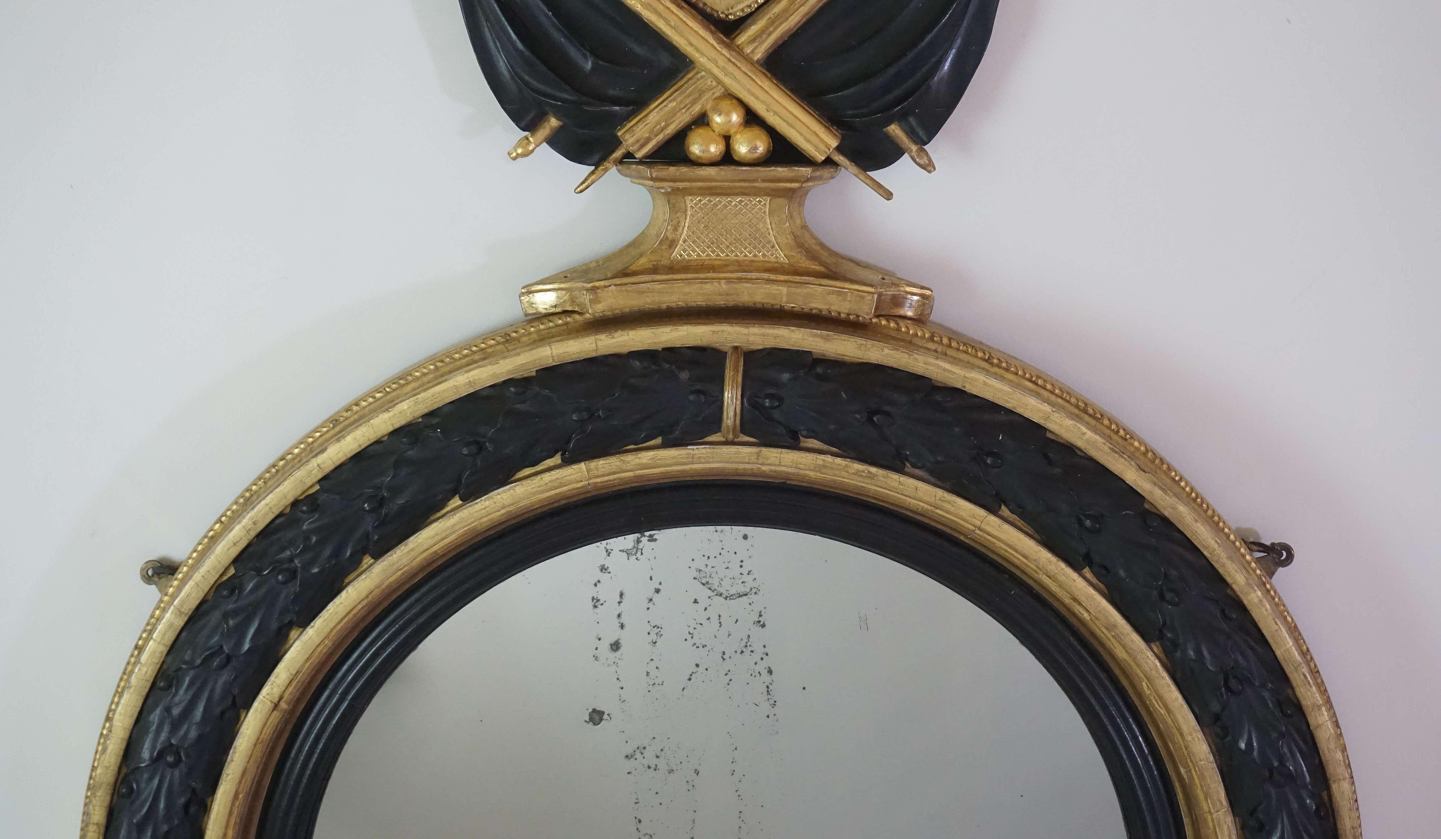 Early 19th Century Neoclassical Regency Giltwood and Ebonized Convex Mirror, Signed and Dated 1813 For Sale