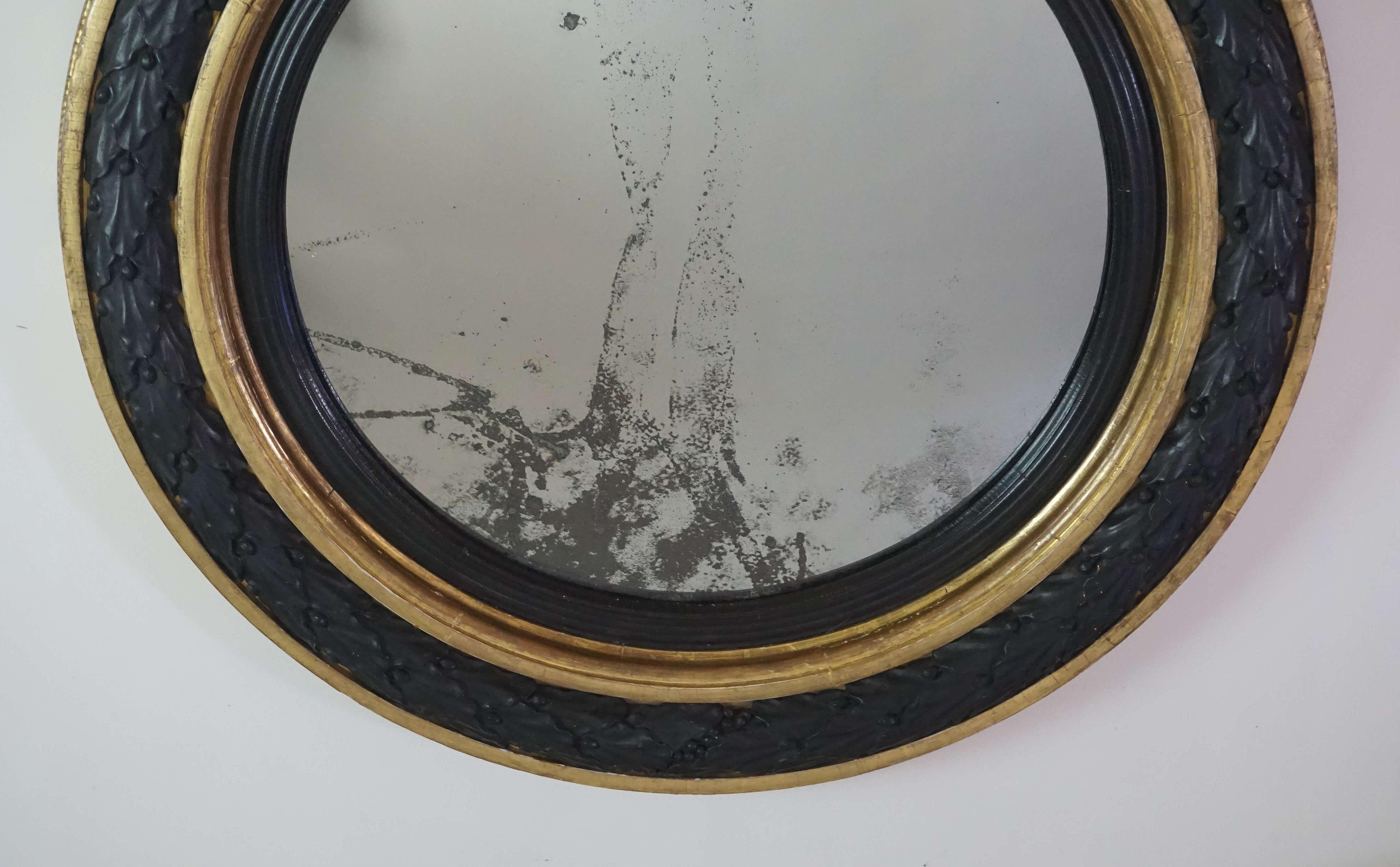 Neoclassical Regency Giltwood and Ebonized Convex Mirror, Signed and Dated 1813 For Sale 2