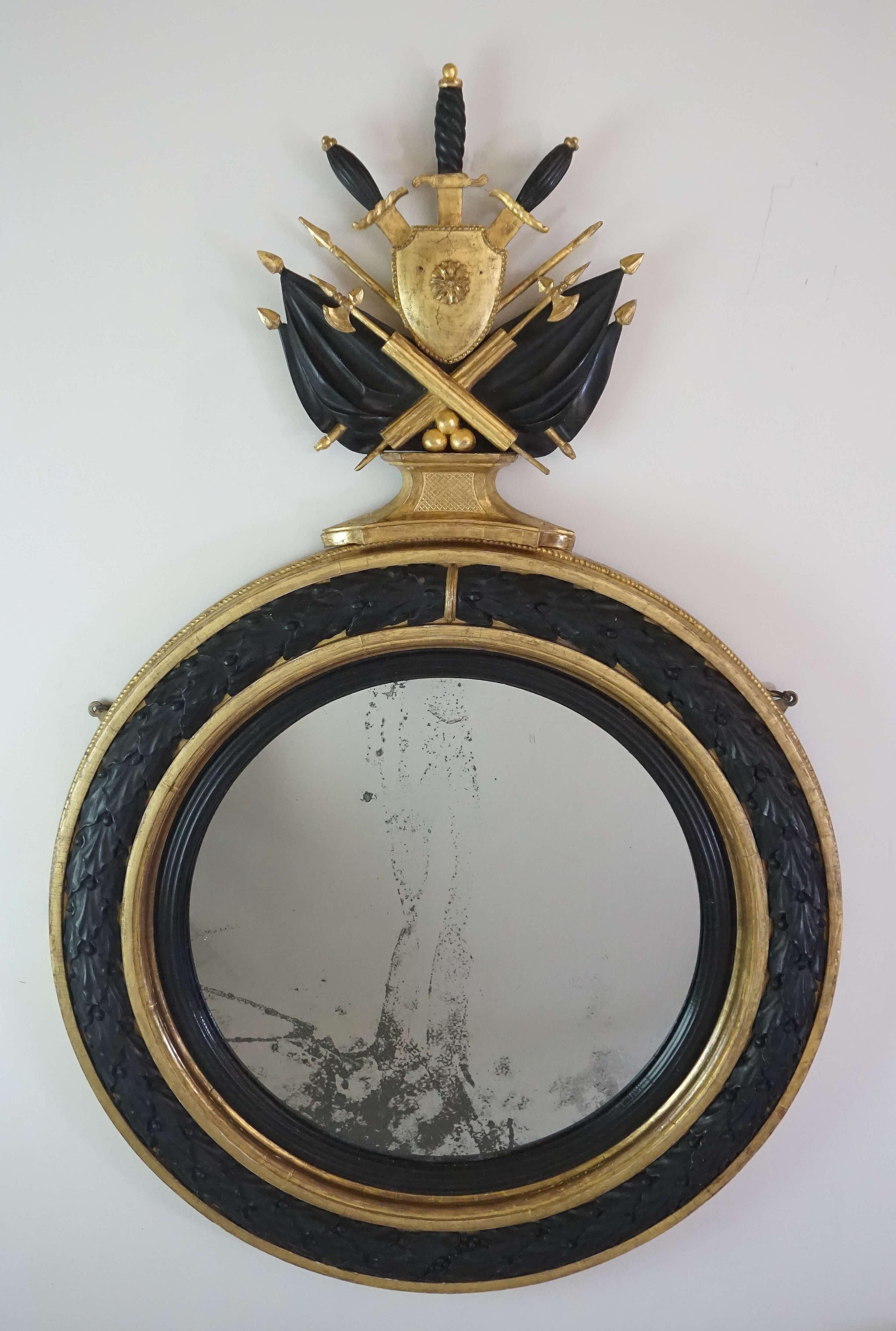 Neoclassical Regency Giltwood and Ebonized Convex Mirror, Signed and Dated 1813 For Sale 3