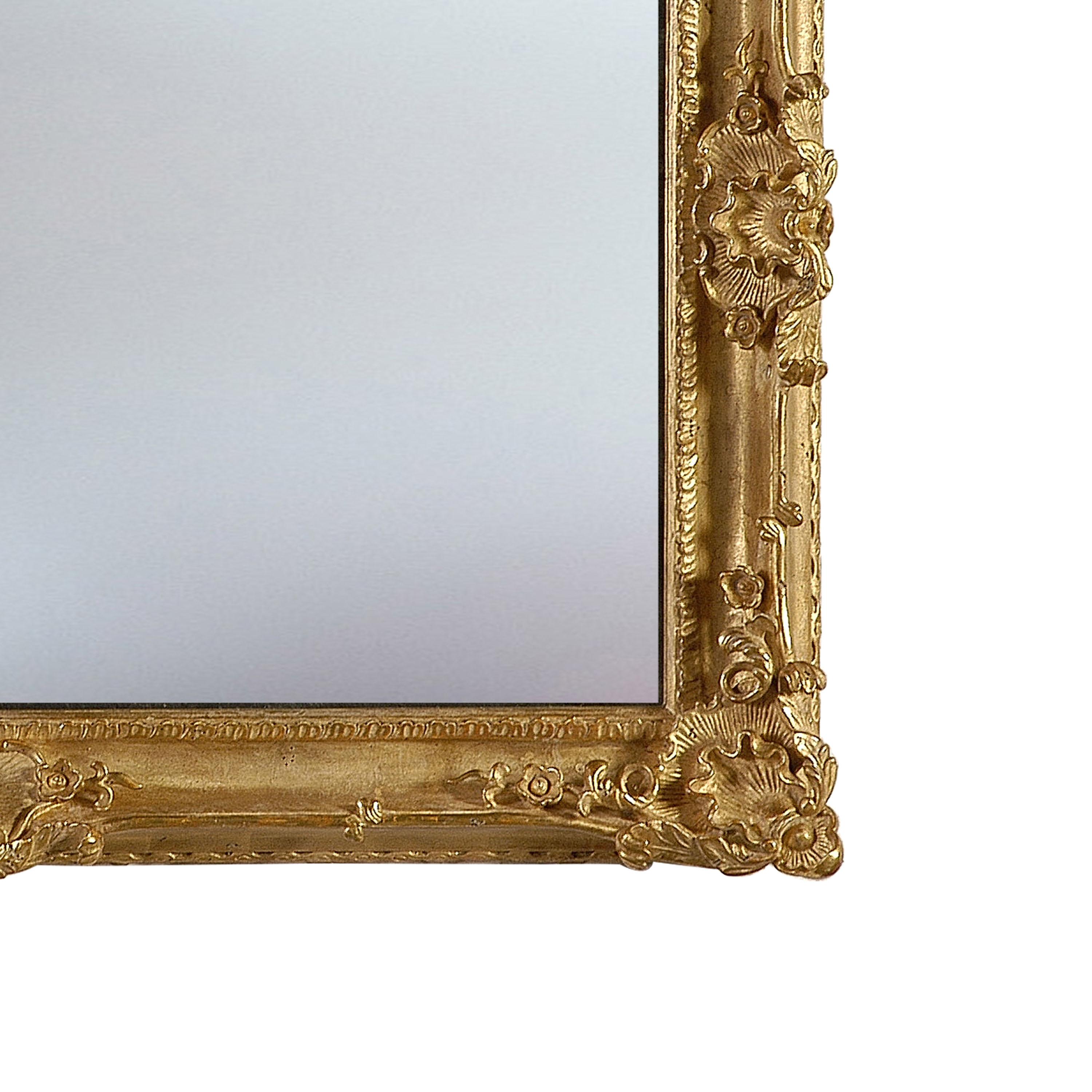 Neoclassical Regency style handcrafted mirror. Rectangular hand carved wooden structure with gold foiled finish, Spain, 1970.