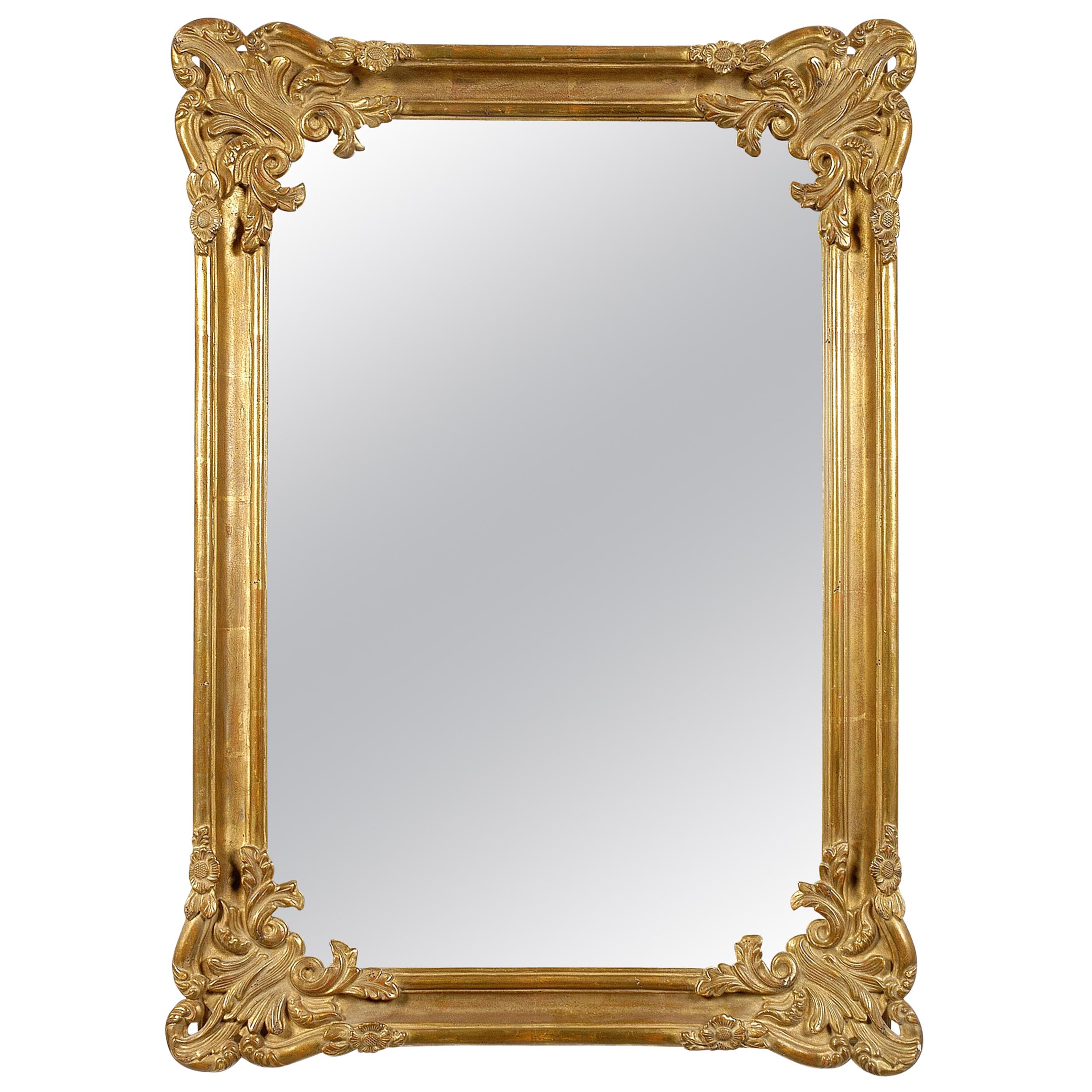 Neoclassical Regency Rectangular Gold Hand Carved Wooden Mirror, 1970