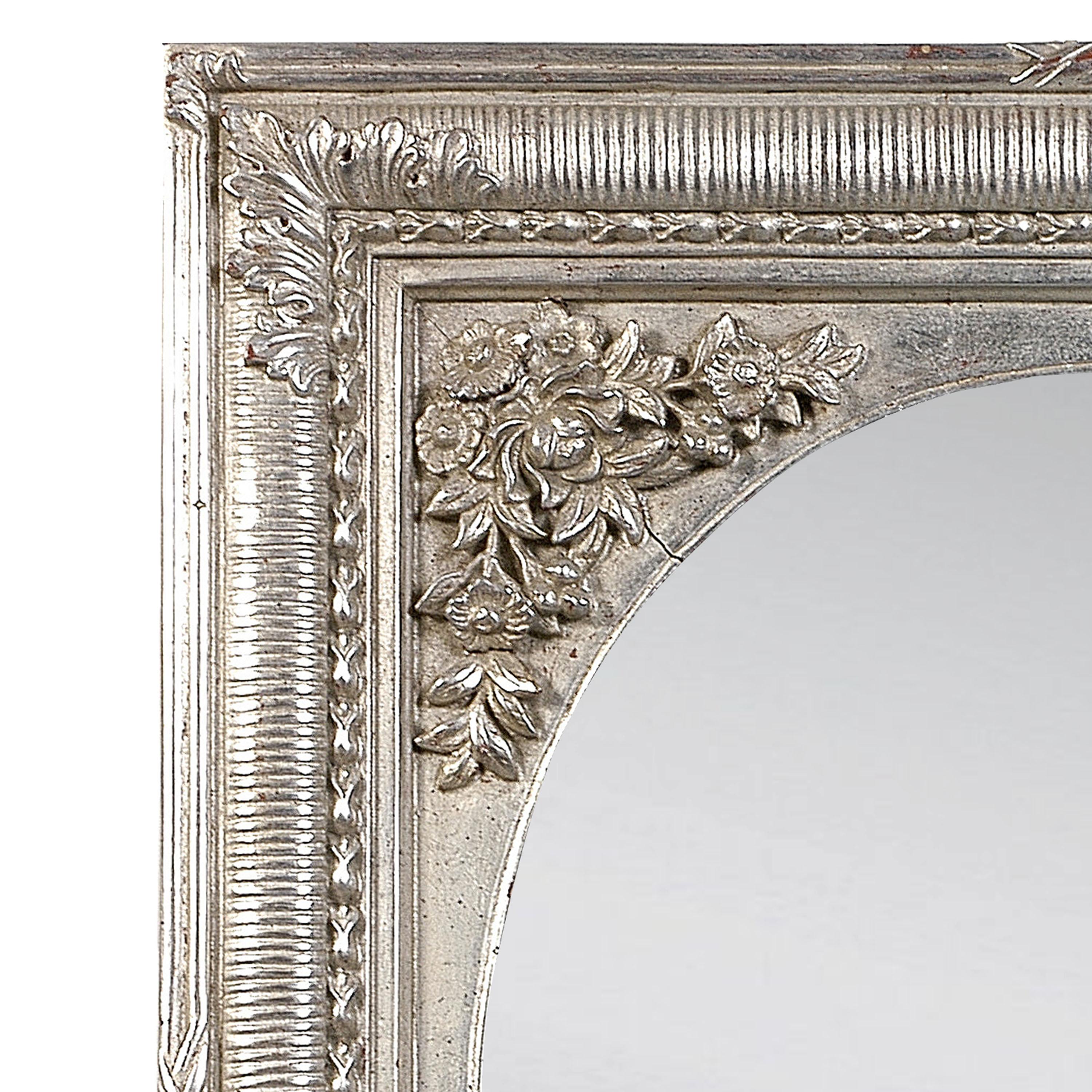 Neoclassical Regency style handcrafted mirror. Rectangular hand carved wooden structure with silver foiled finish, Spain, 1970.