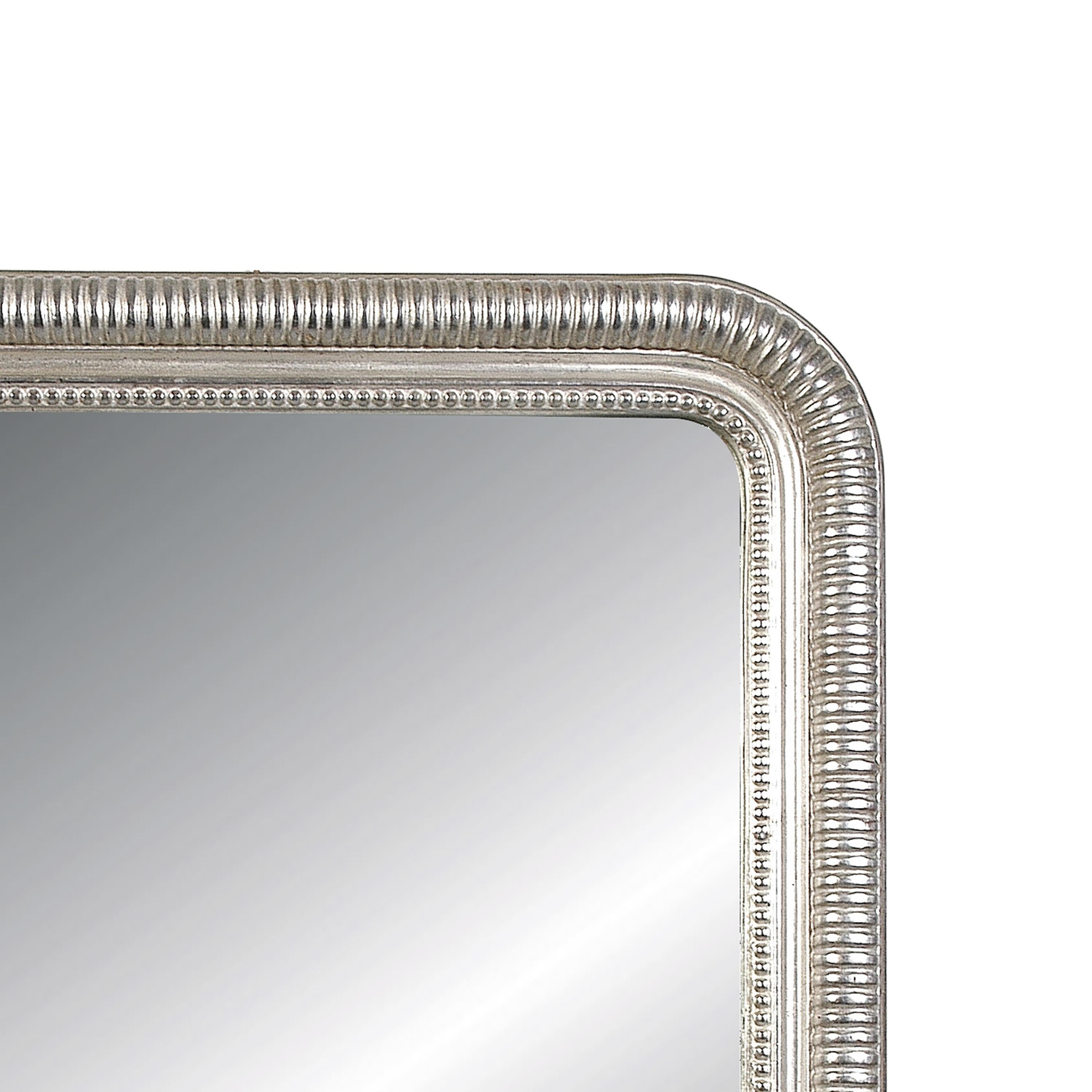 Neoclassical Regency style handcrafted mirror. Rectangular hand carved wooden structure with silver foiled finish. Spain, 1970