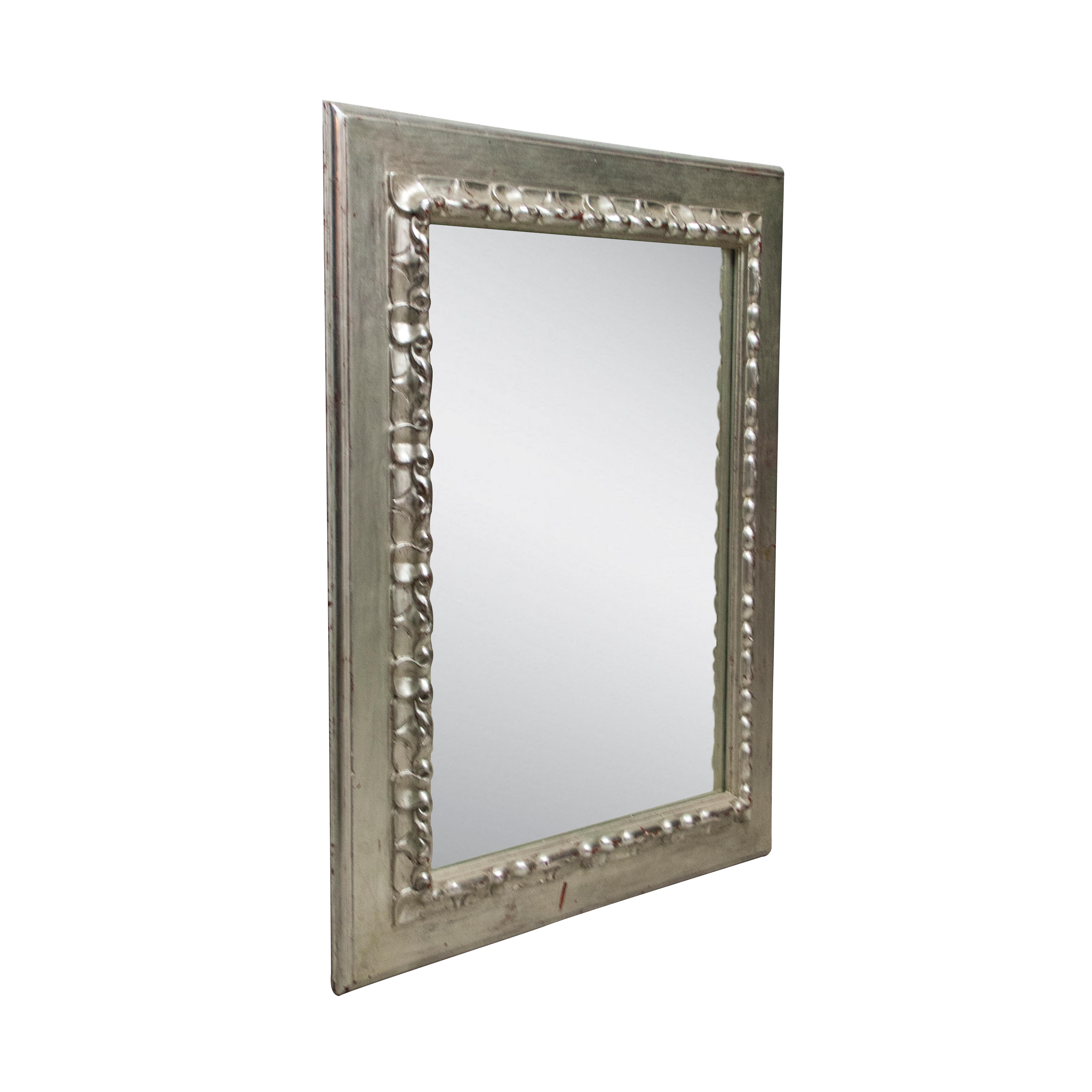 Neoclassical Regency style handcrafted mirror. Rectangular hand carved wooden structure with silver foiled finish, Spain, 1970.