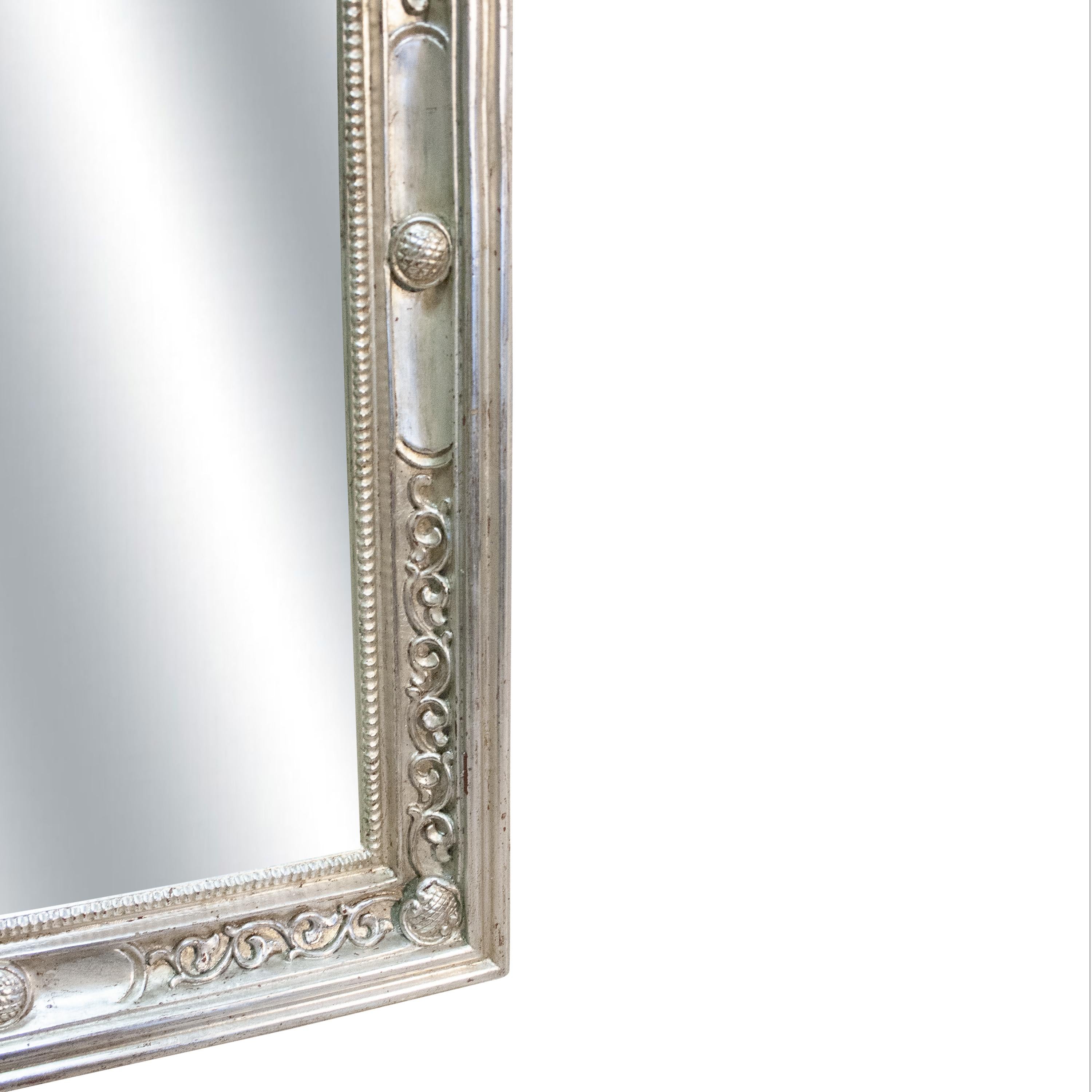 Spanish Neoclassical Regency Rectangular Silver Hand Carved Wooden Mirror For Sale