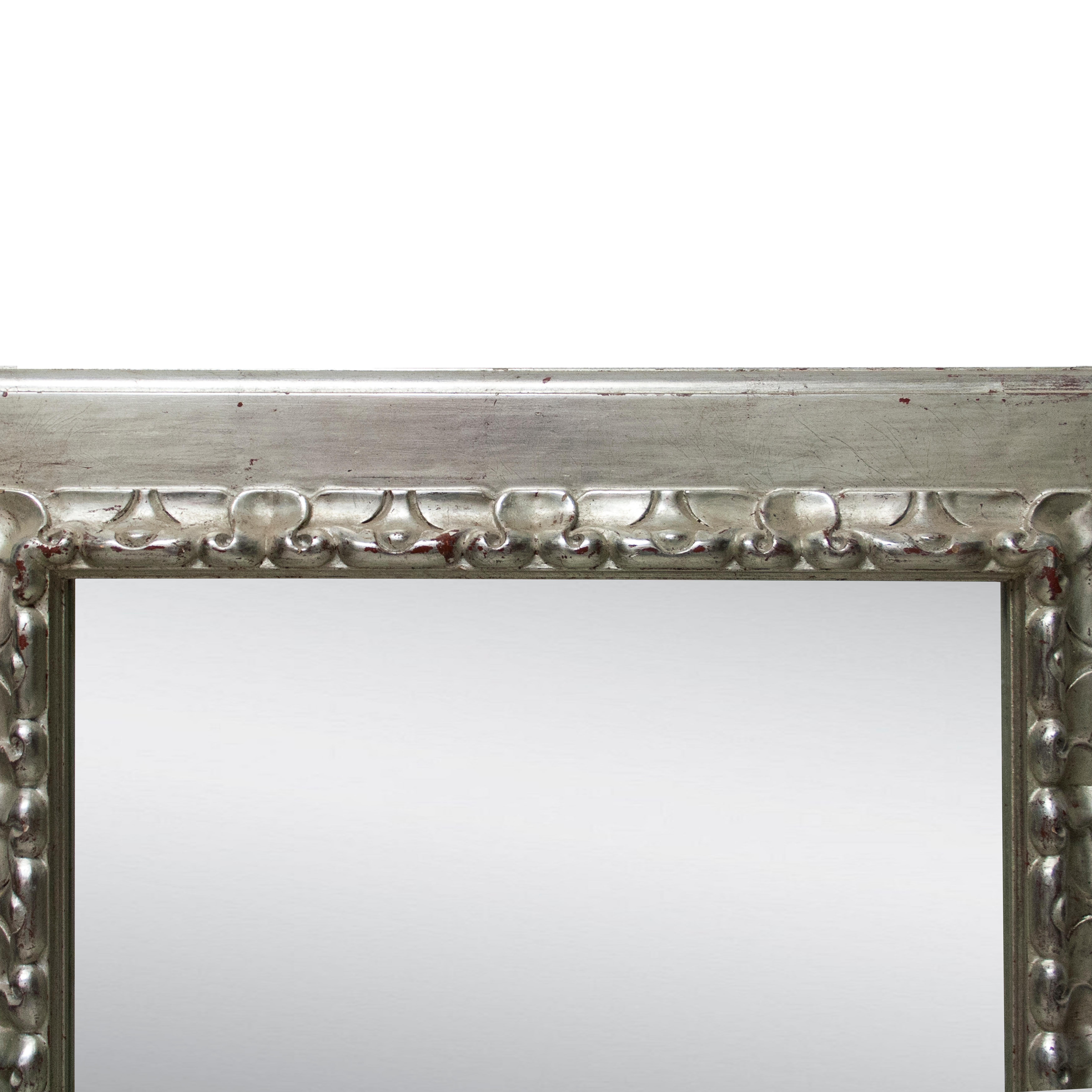 Spanish Neoclassical Regency Rectangular Silver Hand Carved Wooden Mirror For Sale