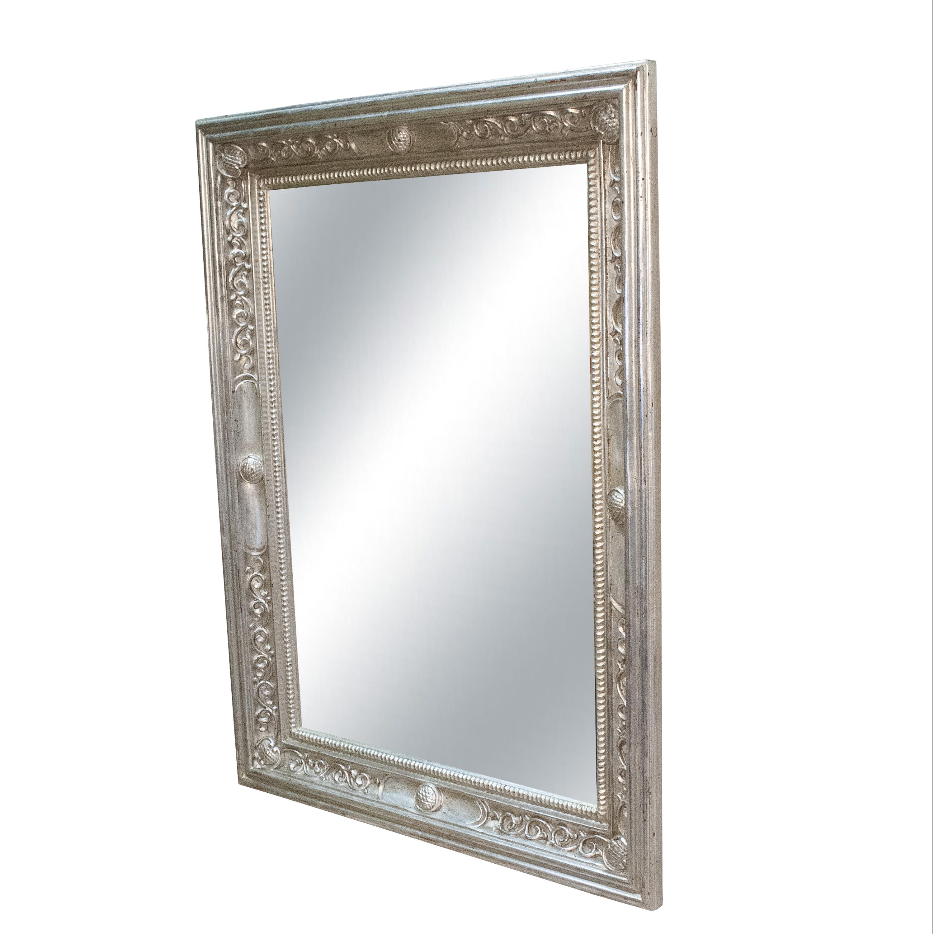 Late 20th Century Neoclassical Regency Rectangular Silver Hand Carved Wooden Mirror For Sale