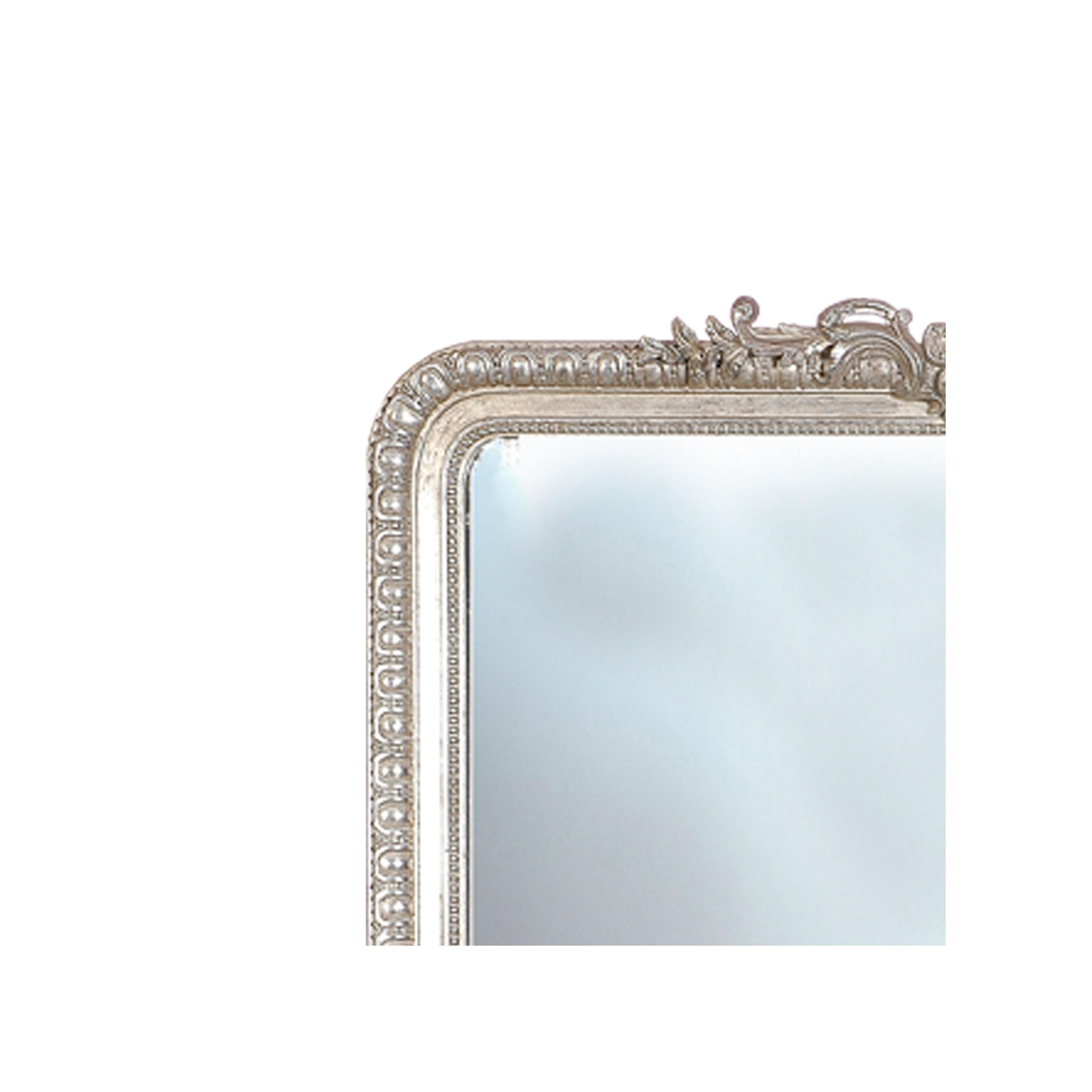 Neoclassical Regency style handcrafted mirror. Rectangular hand carved wooden structure with silver foiled finish. Spain, 1970