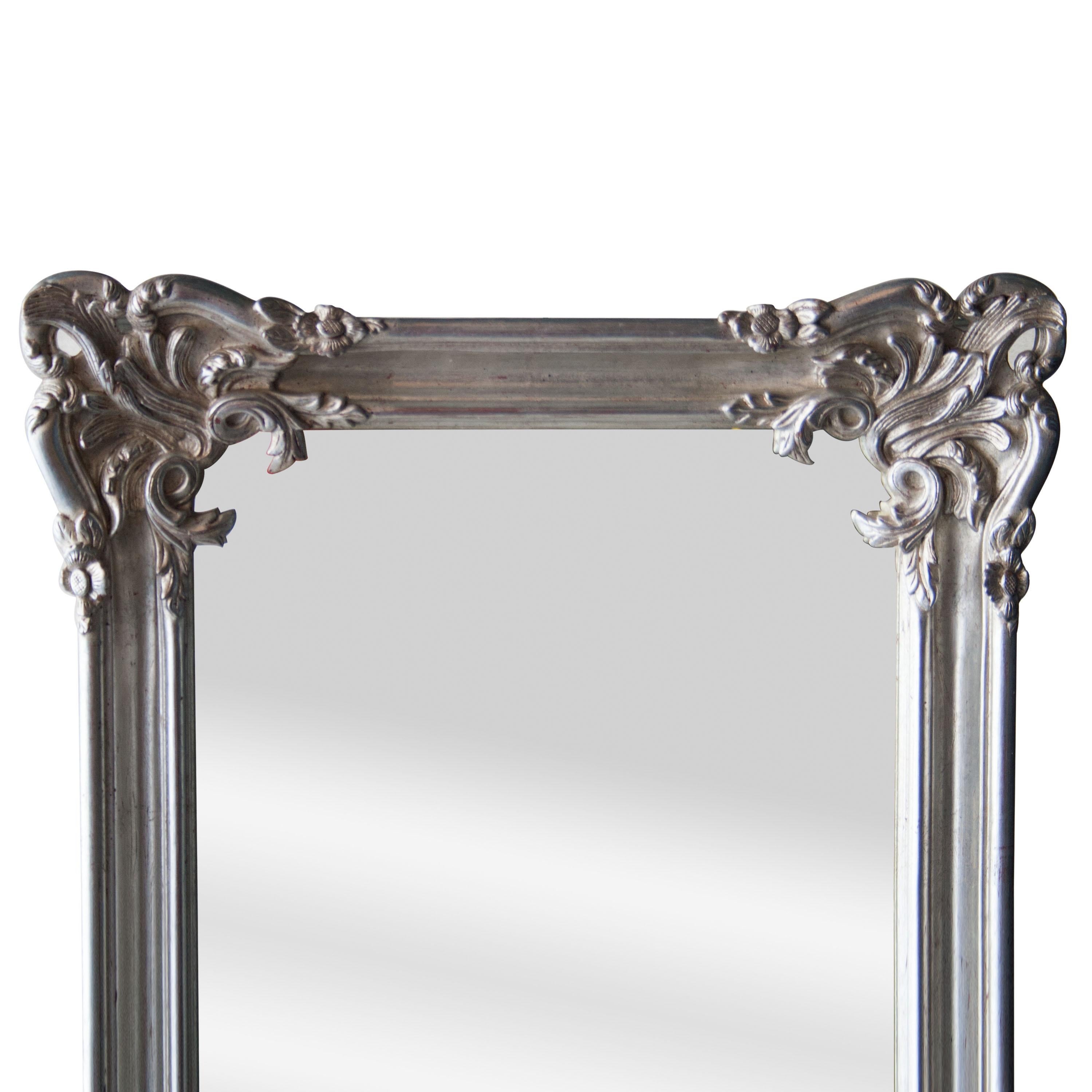 Spanish Neoclassical Regency Rectangular Silver Hand Carved Wooden Mirror, Spain, 1970