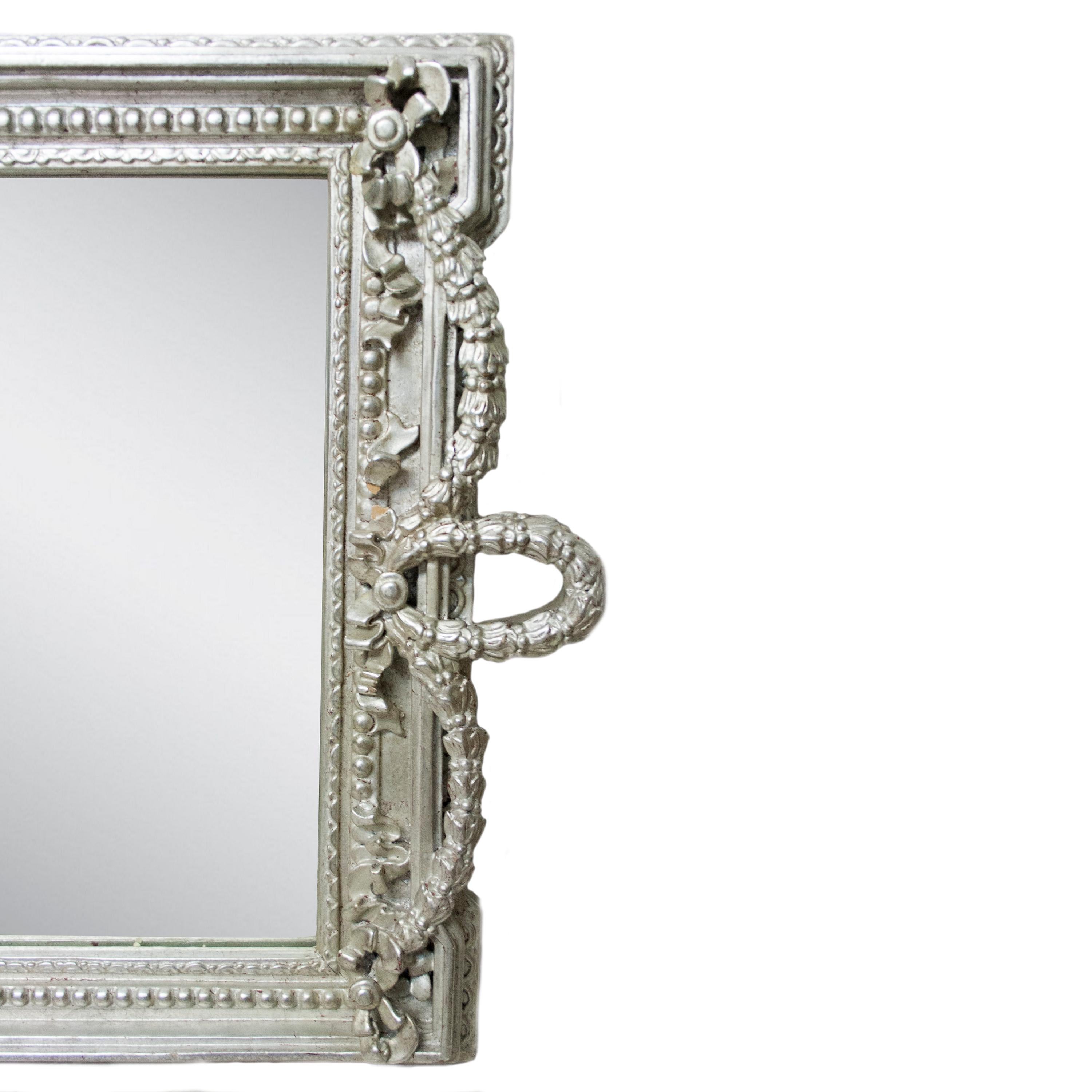 Spanish Neoclassical Regency Rectangular Silver Hand Carved Wooden Mirror, Spain, 1970 For Sale