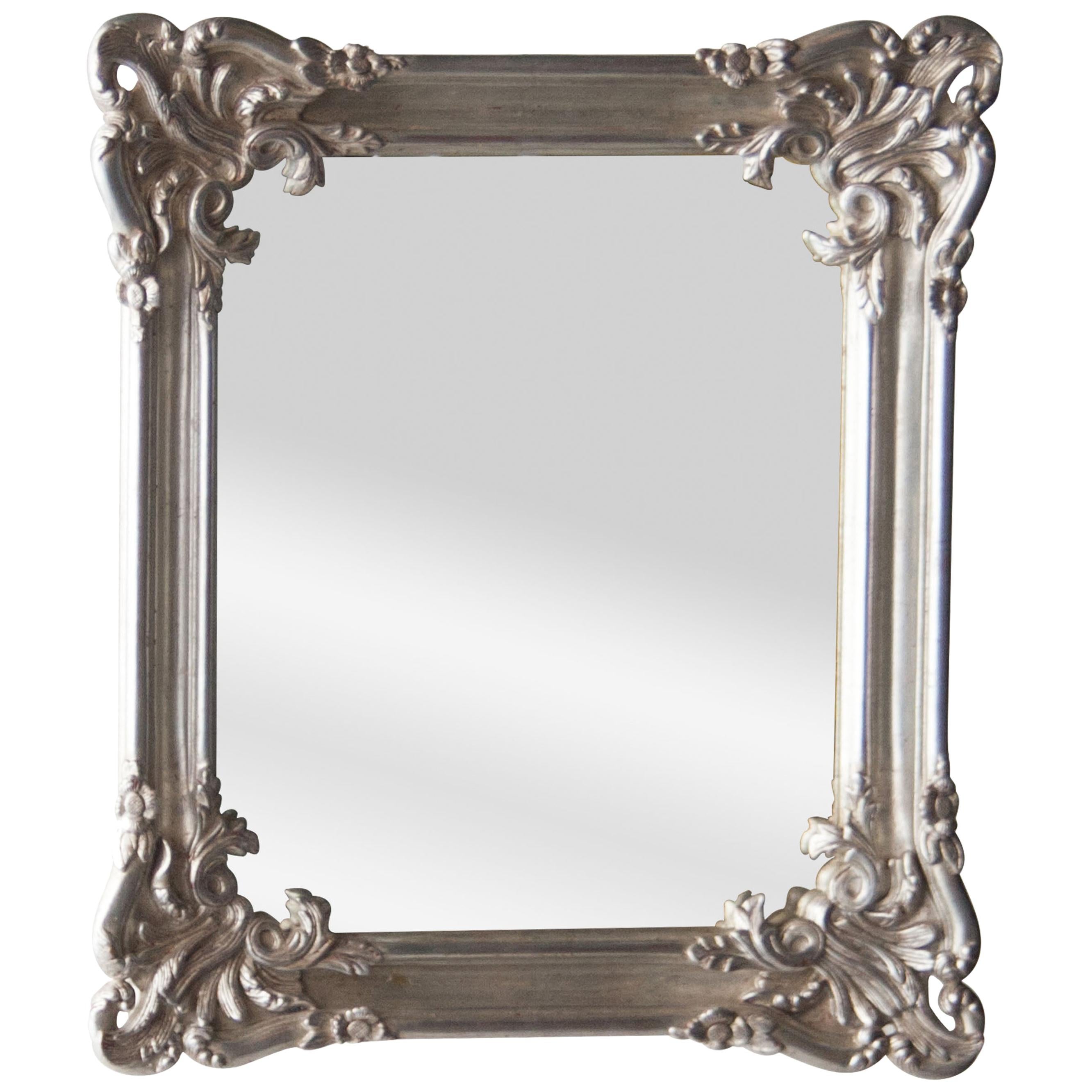 Neoclassical Regency Rectangular Silver Hand Carved Wooden Mirror, Spain, 1970