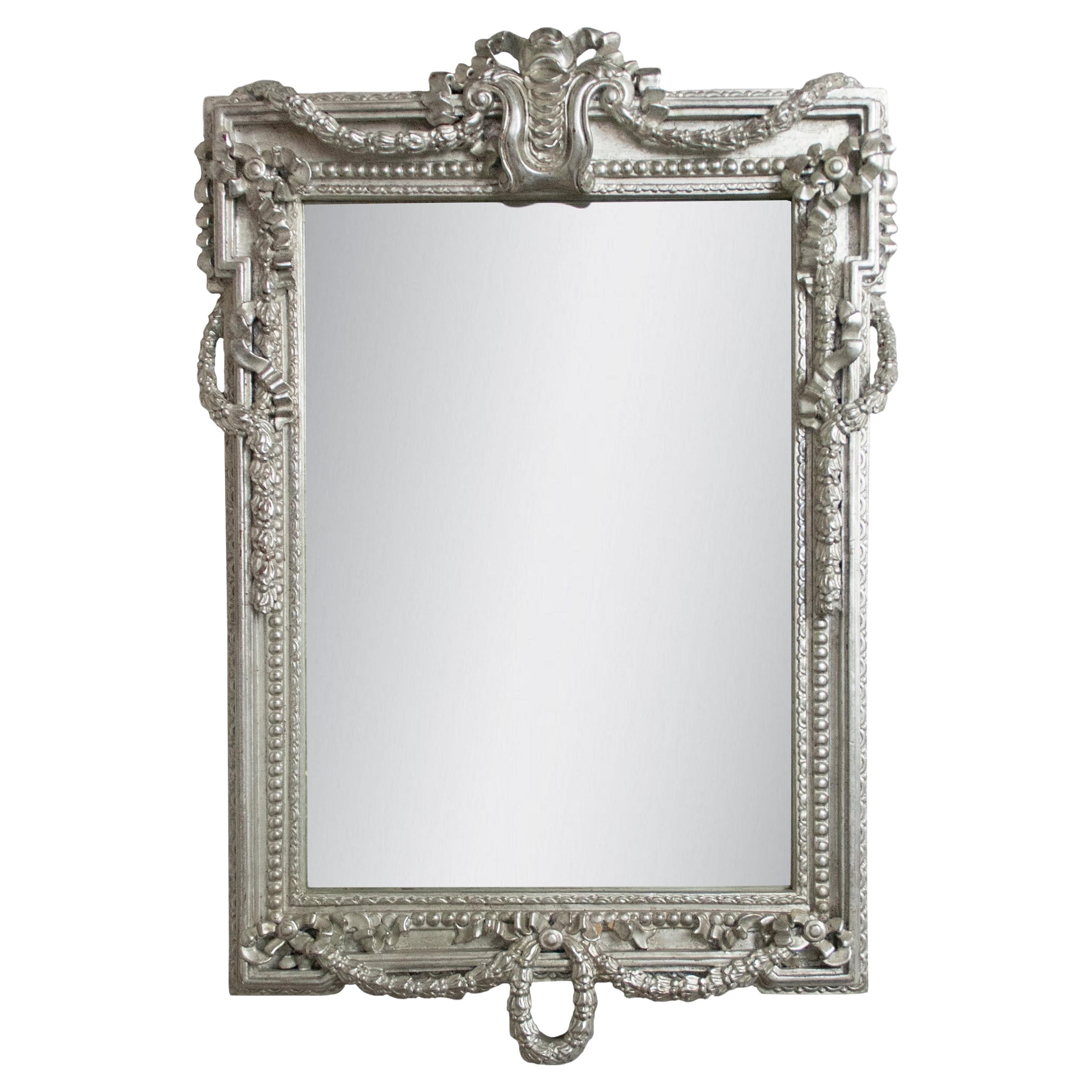 Neoclassical Regency Rectangular Silver Hand Carved Wooden Mirror, Spain, 1970 For Sale