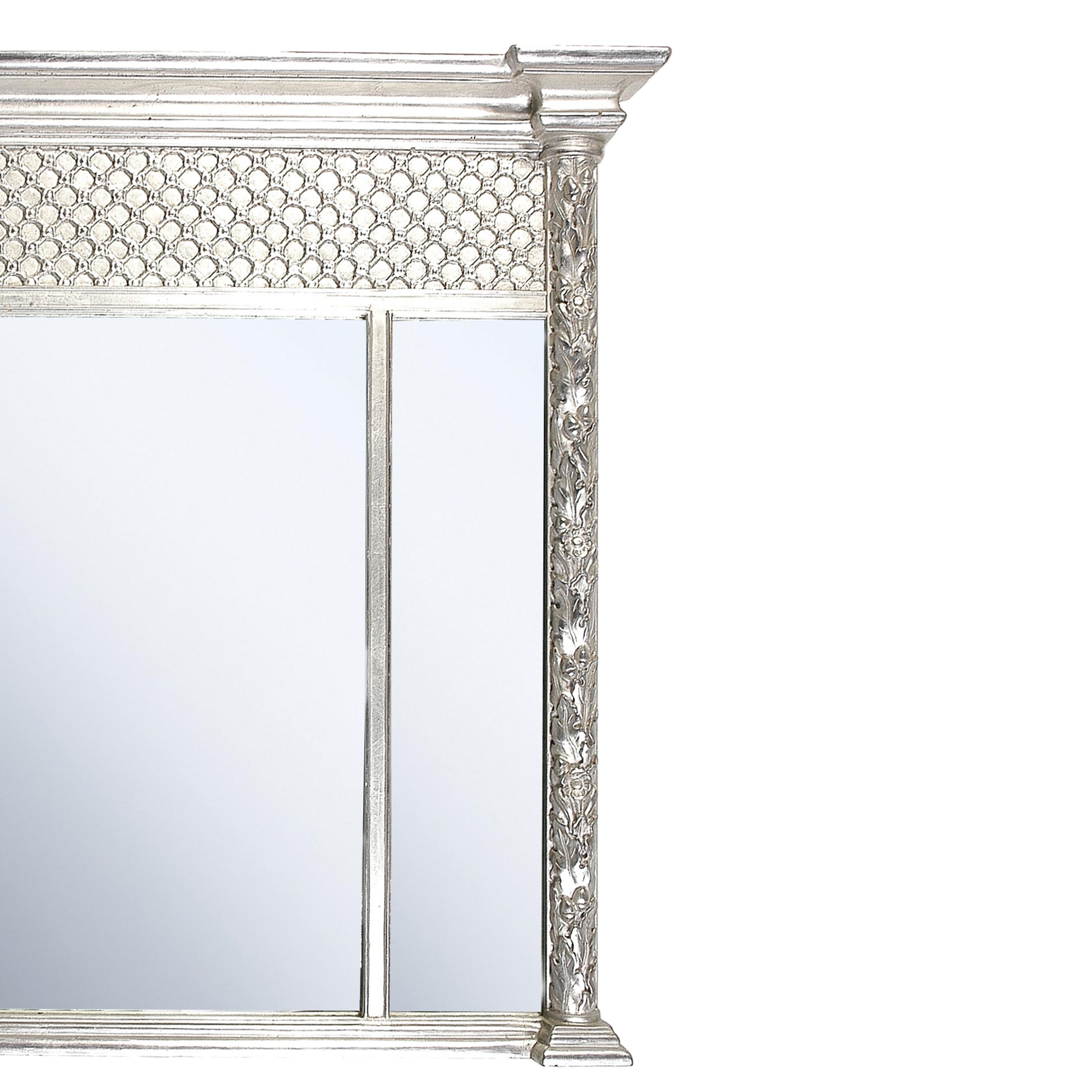 Neoclassical Regency style handcrafted mirror. Rectangular triptych mirror, hand carved wooden structure with silver foiled finish. Spain, 1970.