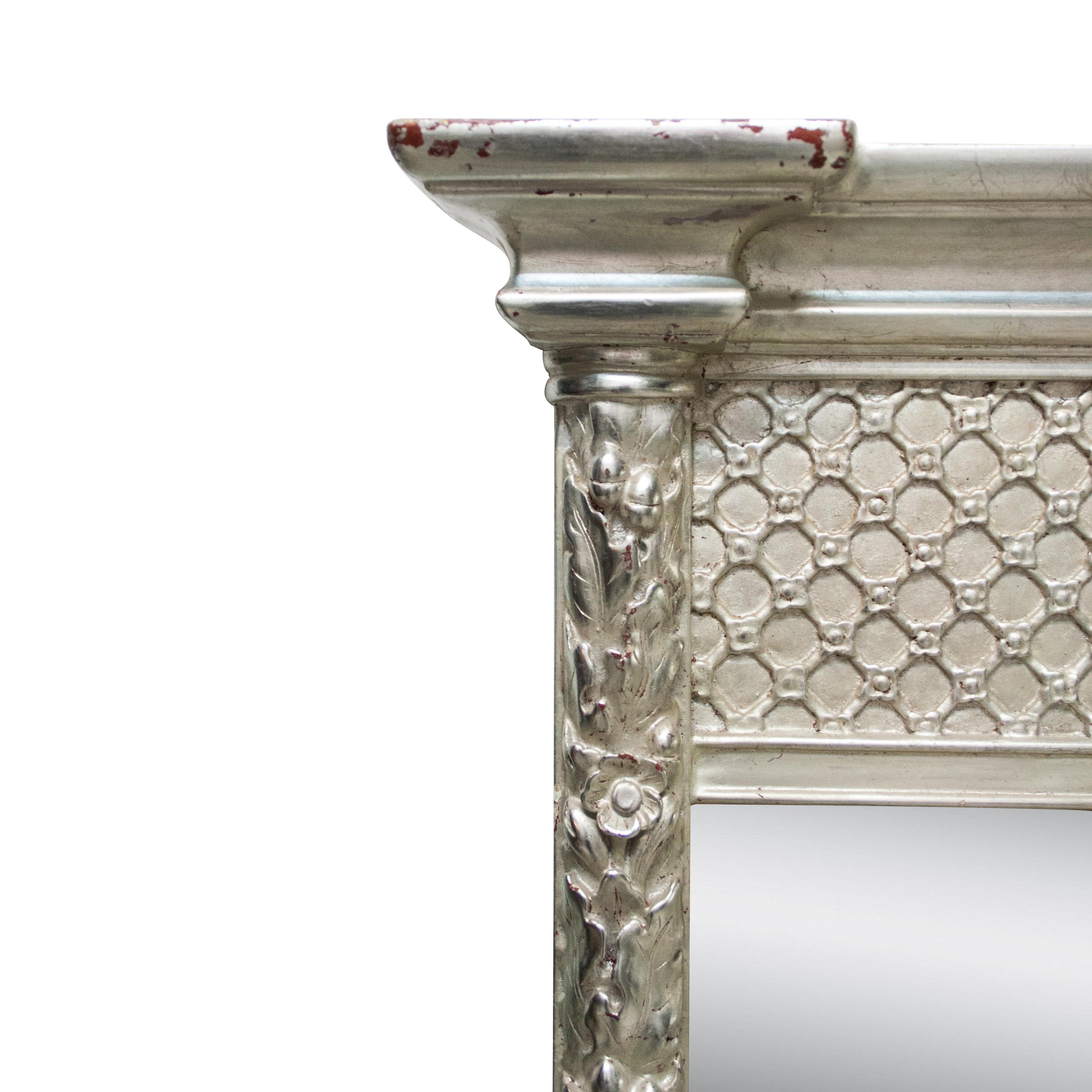 Spanish Neoclassical Regency Rectangular Triptych Silver Hand Carved Wooden Mirror, 1970 For Sale