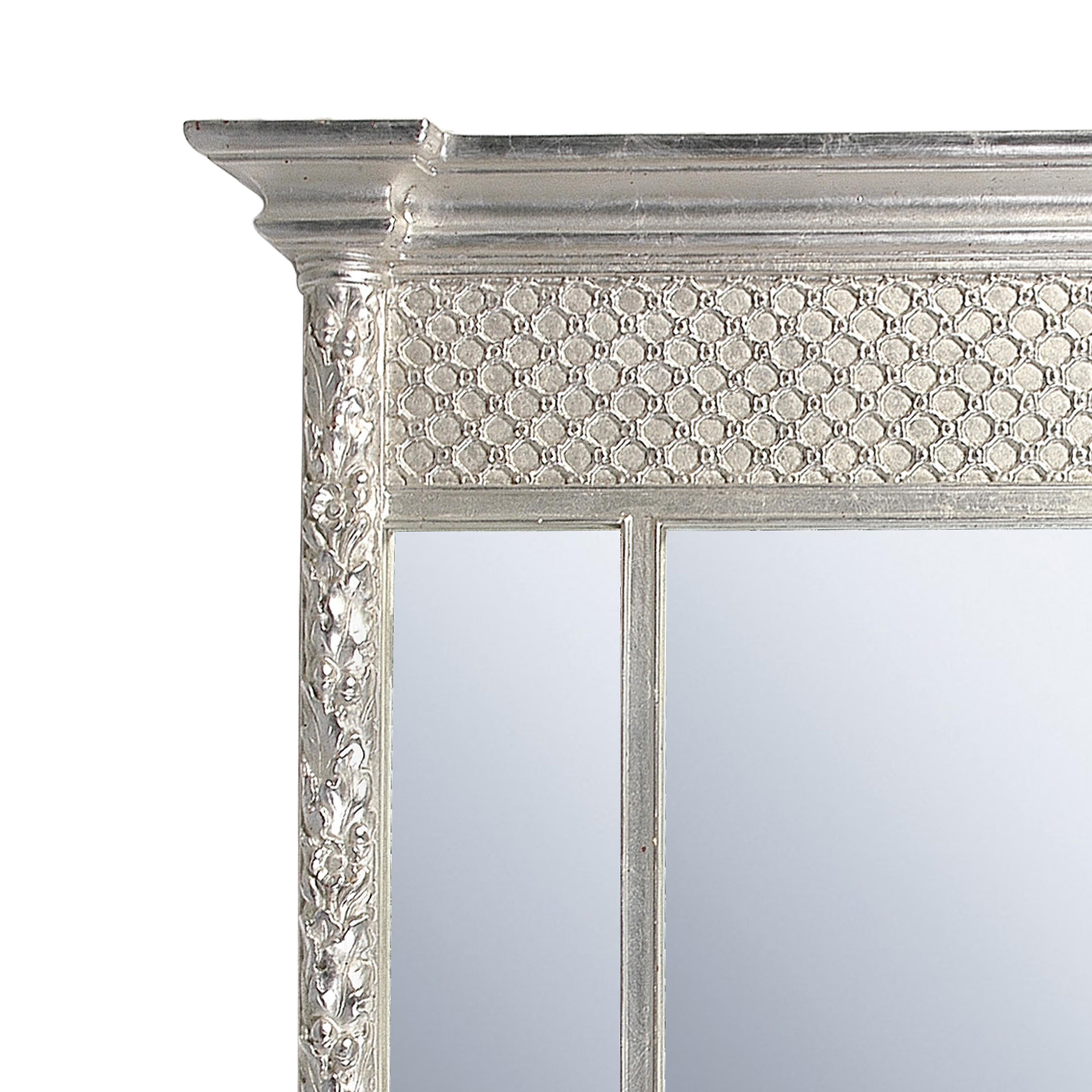 Hand-Carved Neoclassical Regency Rectangular Triptych Silver Hand Carved Wooden Mirror, 1970