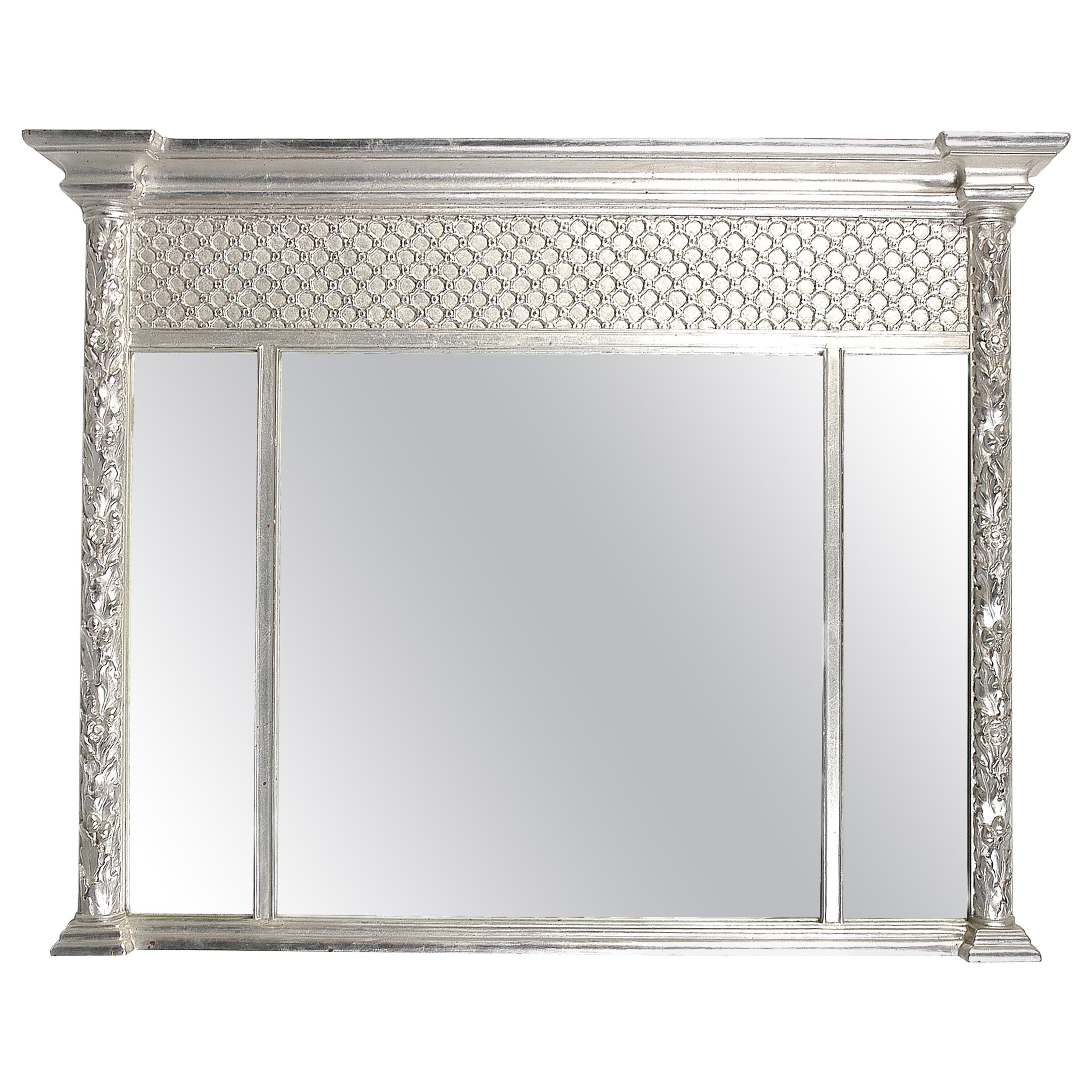 Neoclassical Regency Rectangular Triptych Silver Hand Carved Wooden Mirror, 1970