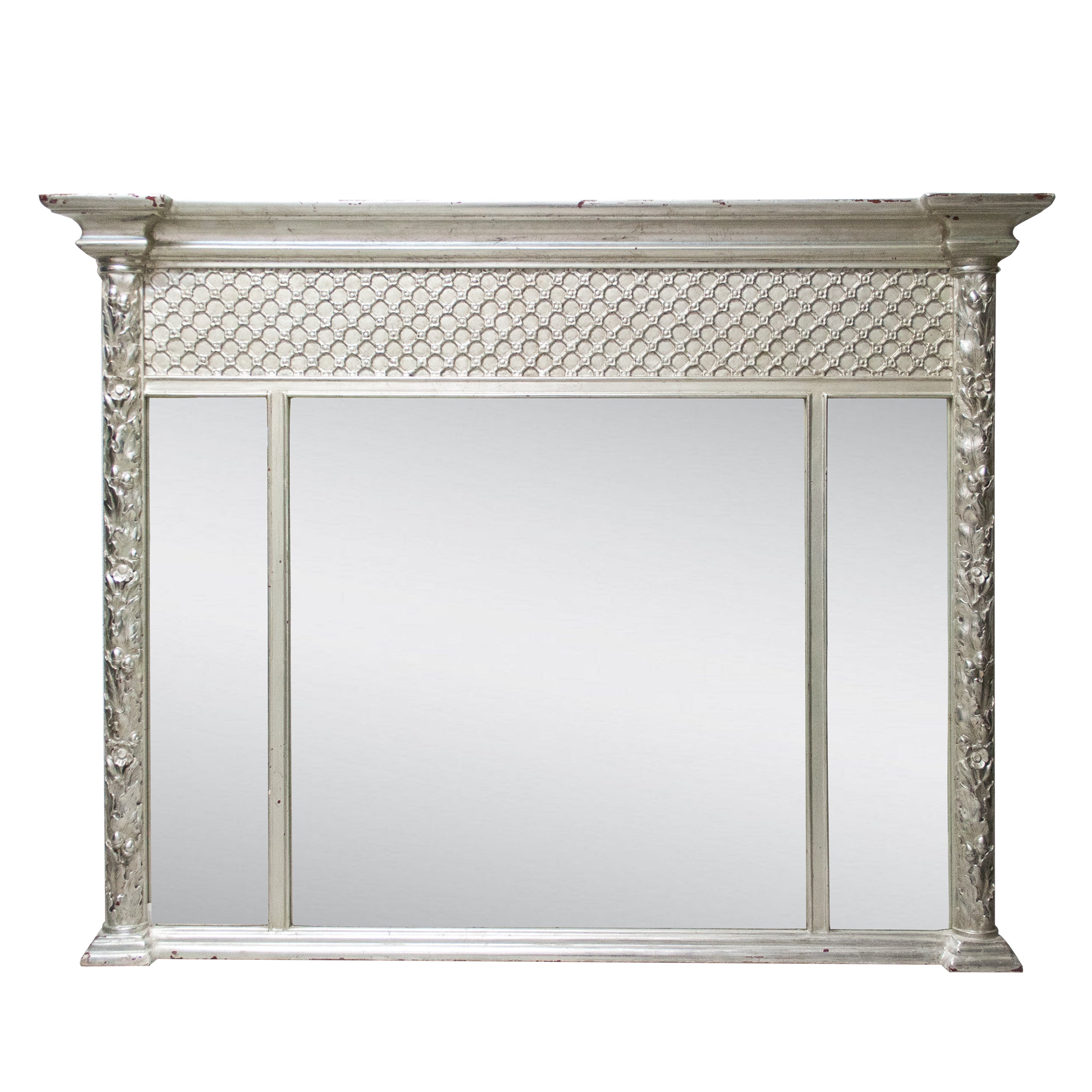 Neoclassical Regency Rectangular Triptych Silver Hand Carved Wooden Mirror, 1970 For Sale