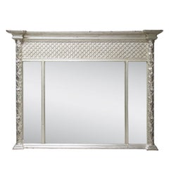 Retro Neoclassical Regency Rectangular Triptych Silver Hand Carved Wooden Mirror, 1970