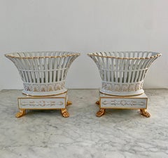 Neoclassical Regency Reticulated Gold Gilt Porcelain Basket Compotes, Pair