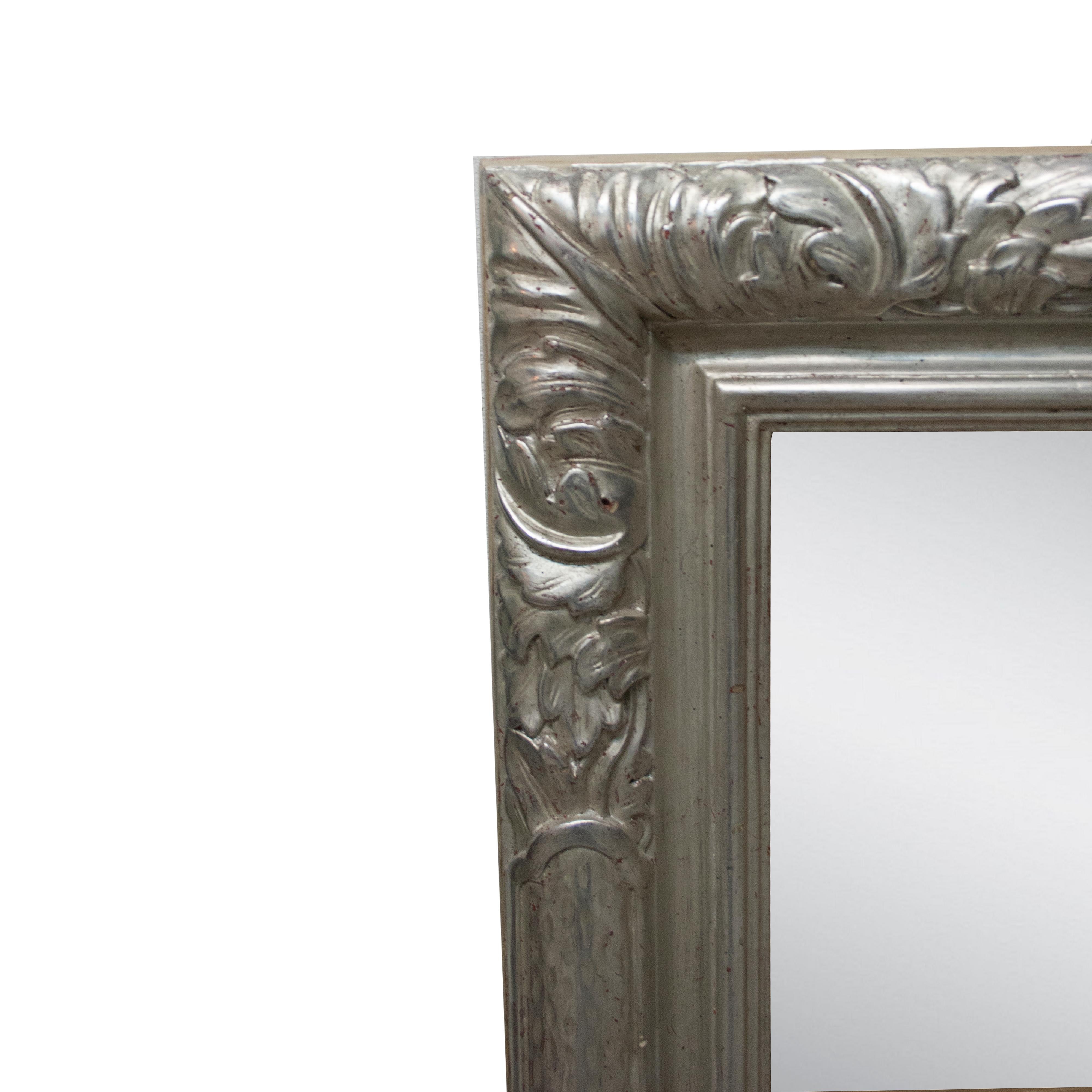 Spanish Neoclassical Regency Silver Foil Hand Carved Wooden Mirror, 1970 For Sale