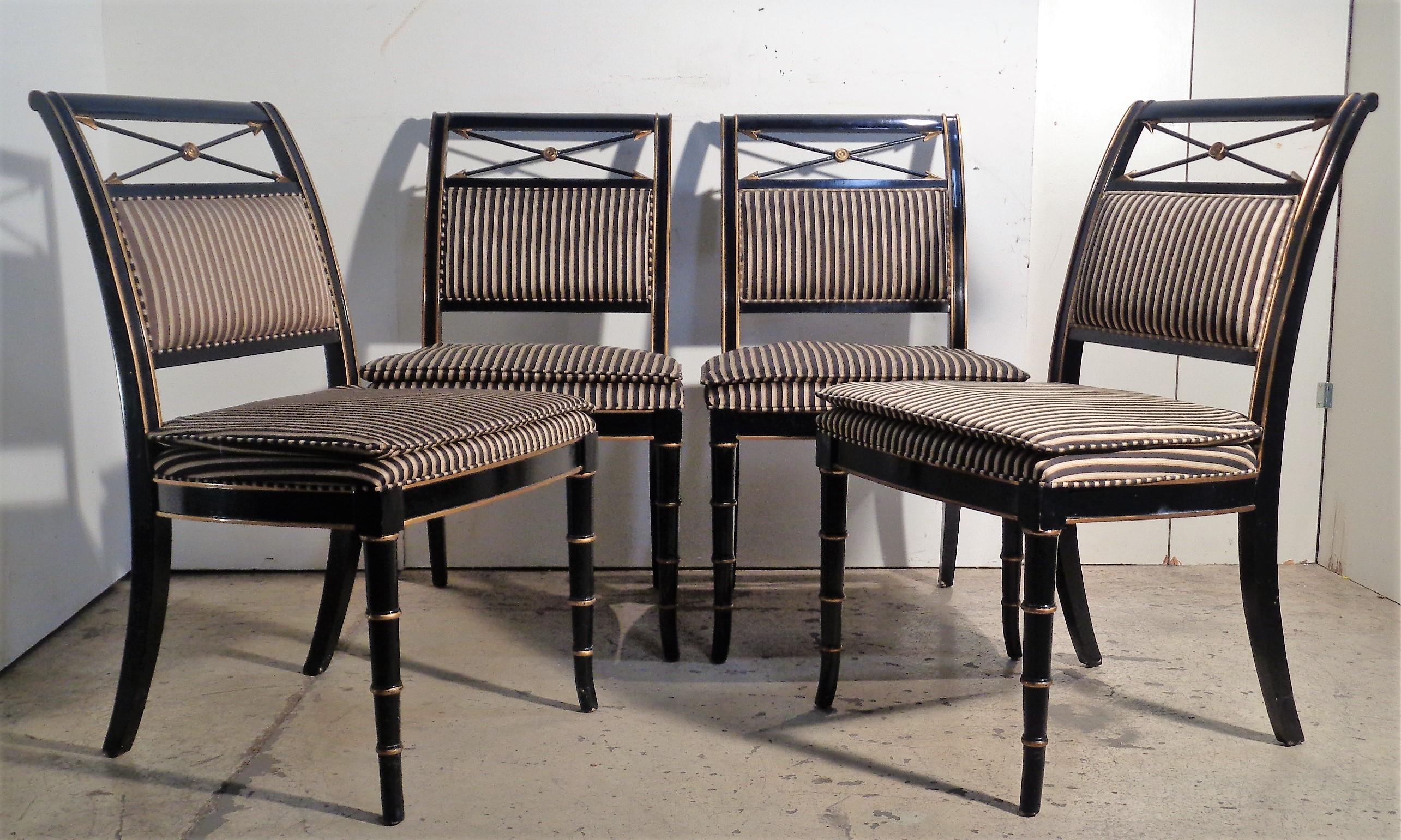  Classical Regency Style Black Lacquered Gilded Chairs For Sale 3